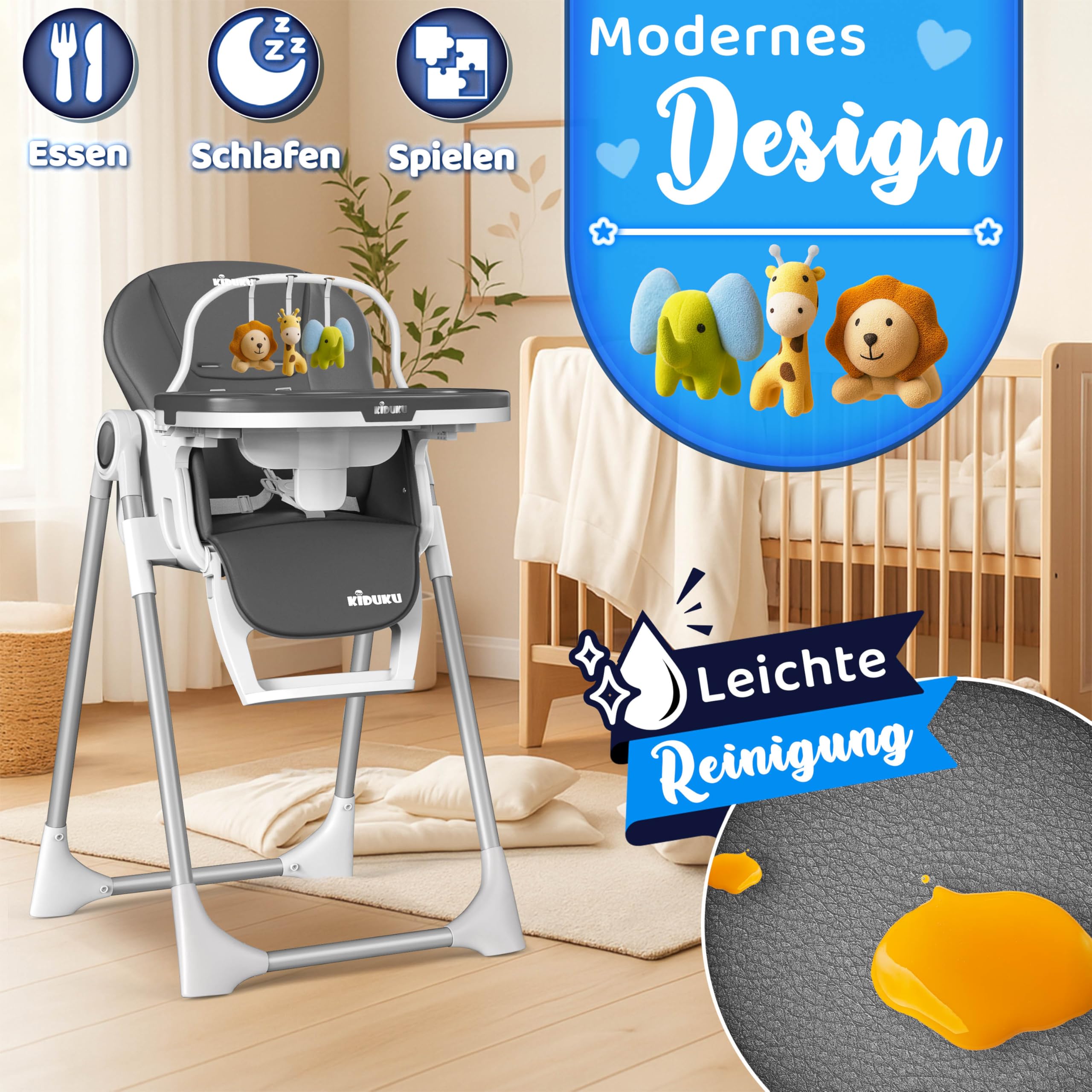 KIDUKU® Hochstuhl Baby 3in1 mit Neugeborenenaufsatz + Lätzchen, Aktivitätsbogen & Tisch | Kinderhochstuhl klappbar mit Liegefunktion | Kombihochstuhl höhenverstellbar | mitwachsend 0-36 Monate