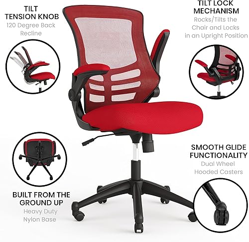 Miniatura 5 de Flash Furniture Kelista Silla de oficina ergonómica giratoria de malla roja con respaldo medio, brazos abatibles Malla roja,Piel negra