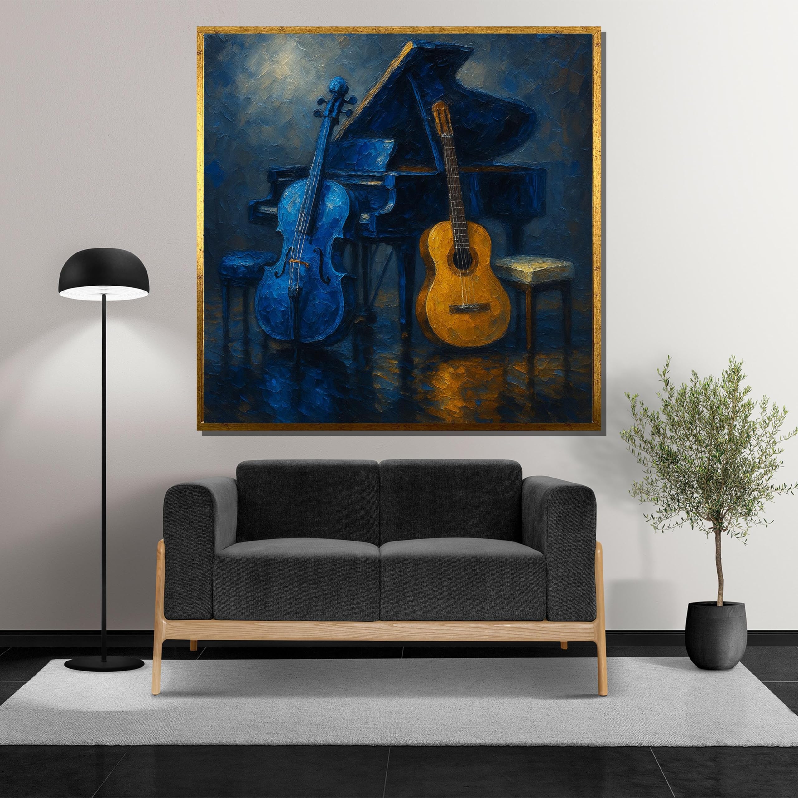 TONGYINLI Martwa natura obraz na płótnie, fortepian z obrazami ściennymi, niebieska wiolonczela i złota gitara, plakaty i nadruki (30 x 30 cm / rama wewnętrzna)