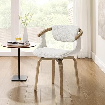 Zouron Swivel Desk Chair No Wheels, Mid Century Modern Office Chair, Boucle Dining Chair with Wood Legs, Accent Arm Chair for Living Room Bedroom Home Office, 1Pcs, Ivory