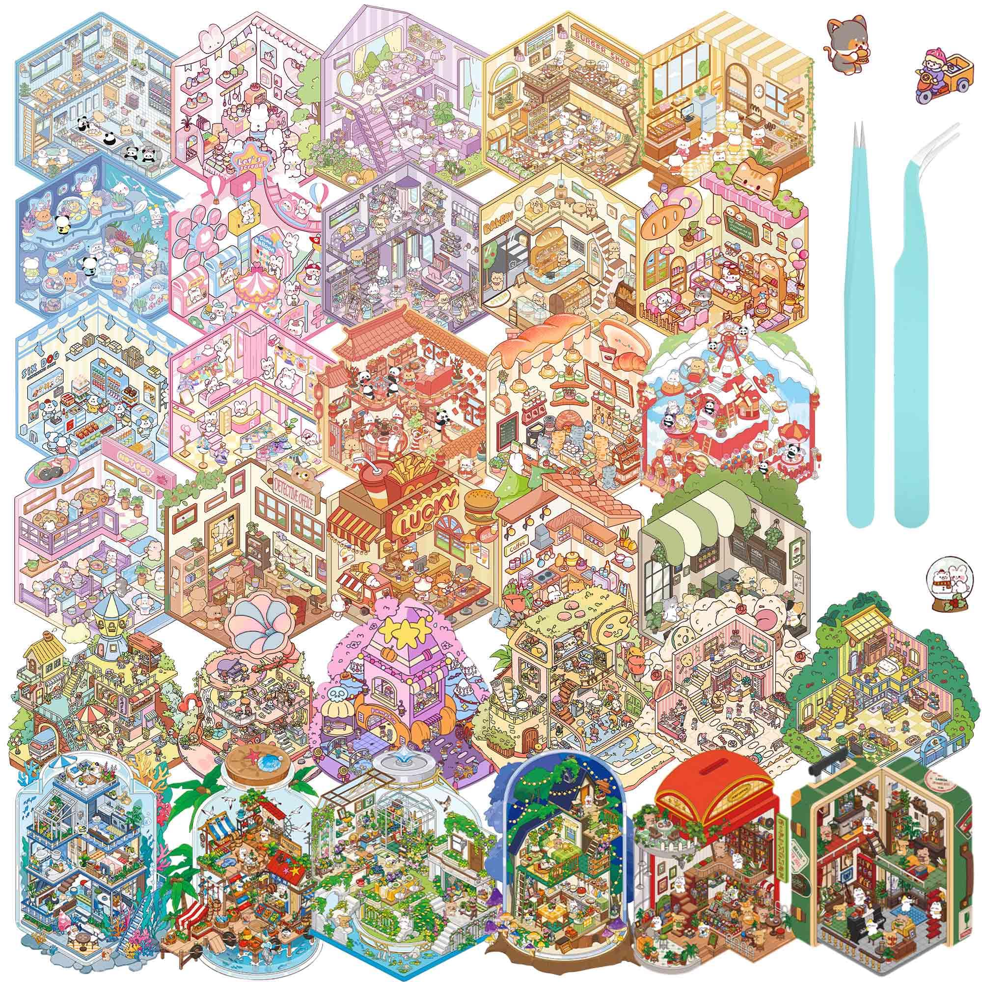 32 Sets 3D Sticker Scene, Sticker Therapy DIY, Build Your Own Scene Stickers Collection Cozy Room Cute House Shop, Kawaii 3D Miniature House for