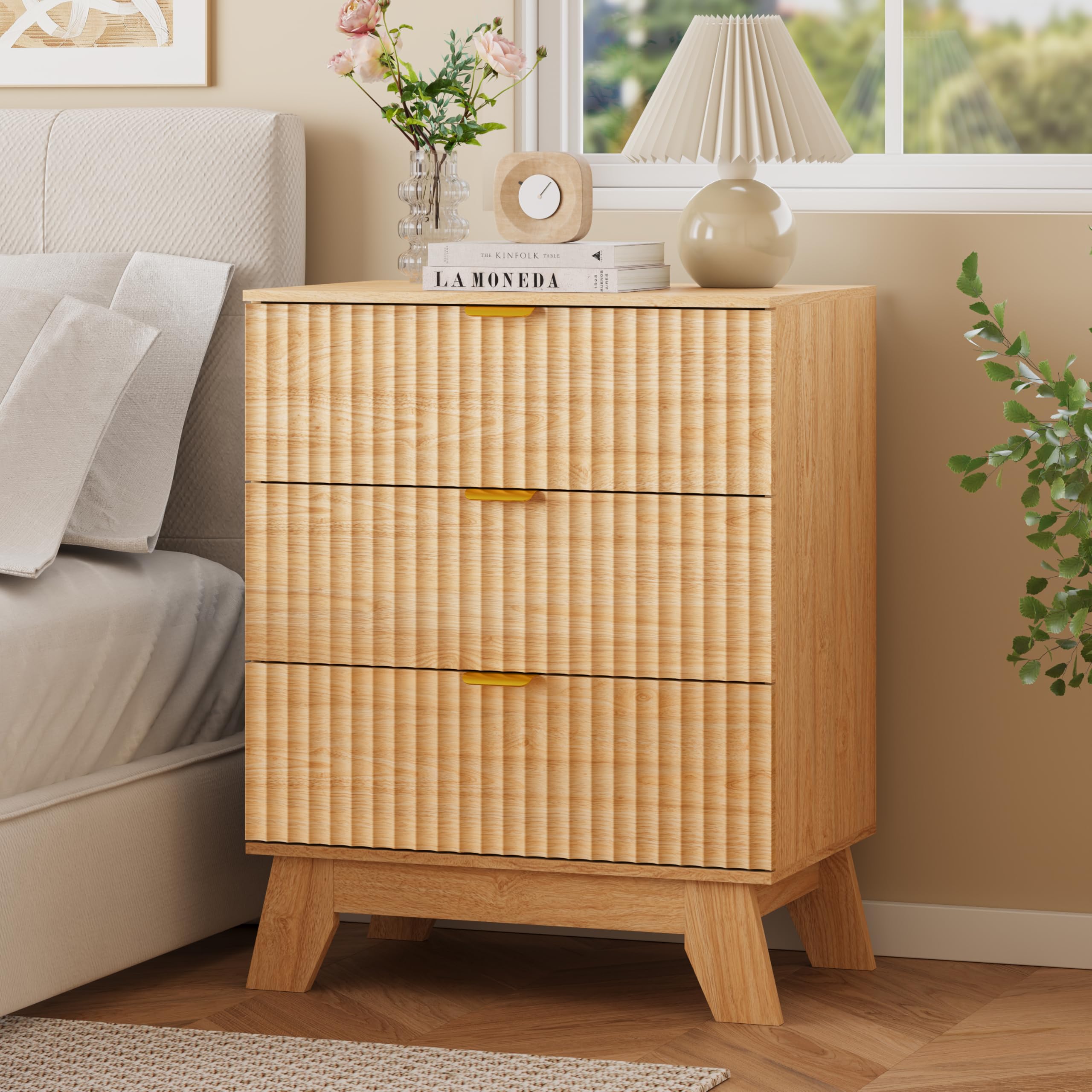 Nightstand with 3 Drawers, Fluted Bedside Table, 24" Wide, Oak