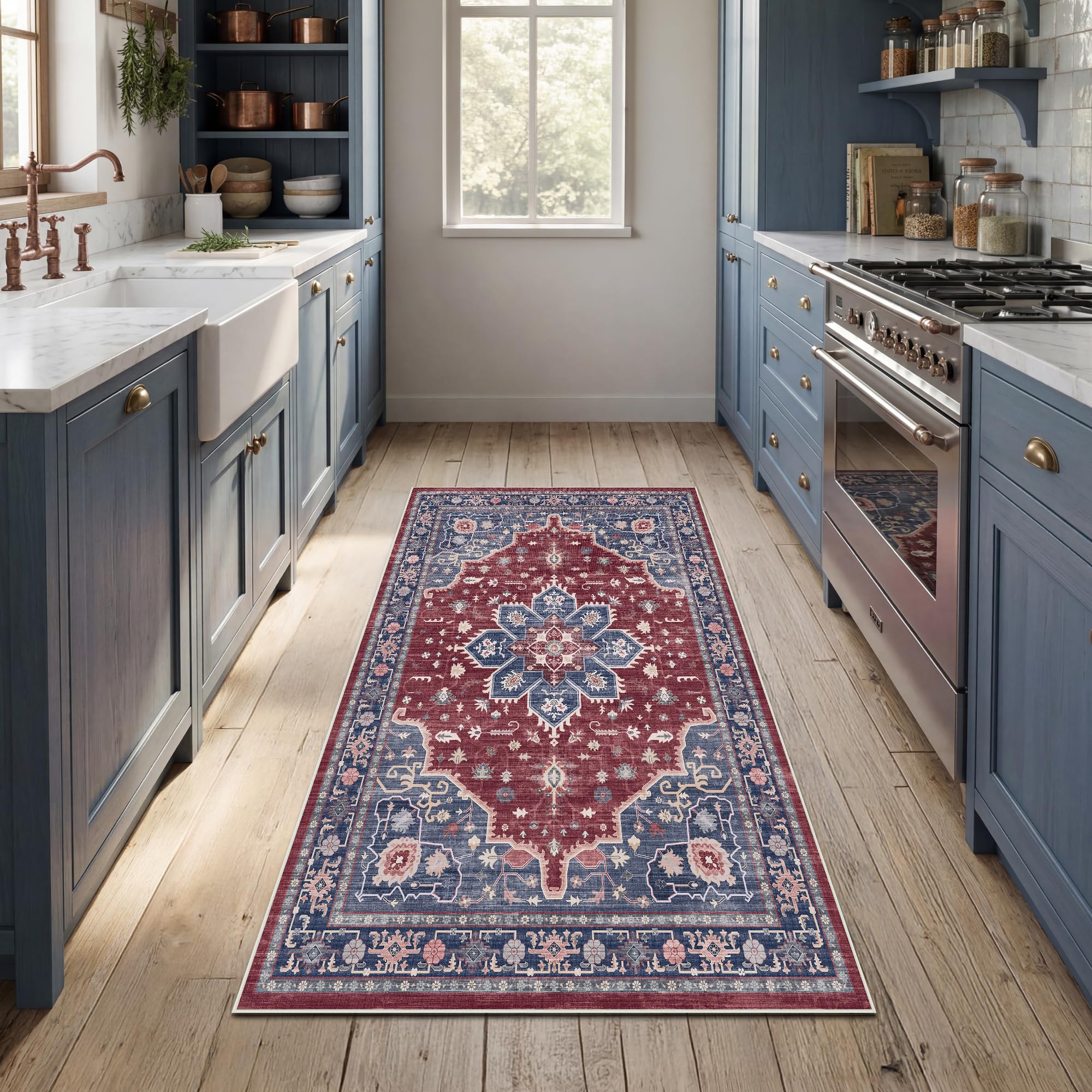Autsel Vintage Teppich Wohnzimmer, Waschbarer Teppich Schlafzimmer, Boho Teppich Kurzflor, rutschfest Läufer Teppiche, Pflegeleicht Teppich Gegend für küche, Büro, Esszimmer, Flur