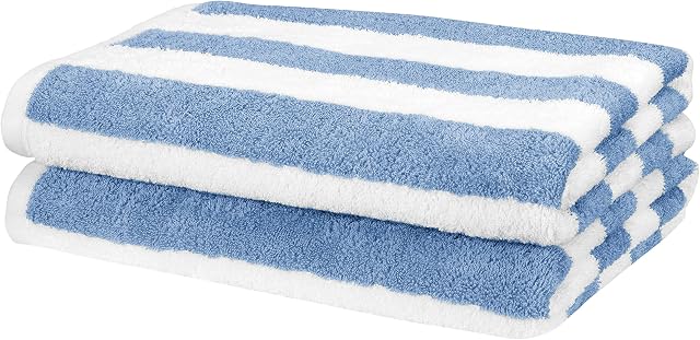Amazon Basics Beach Towel - Cabana Stripe, Sky Blue, Pack of 2