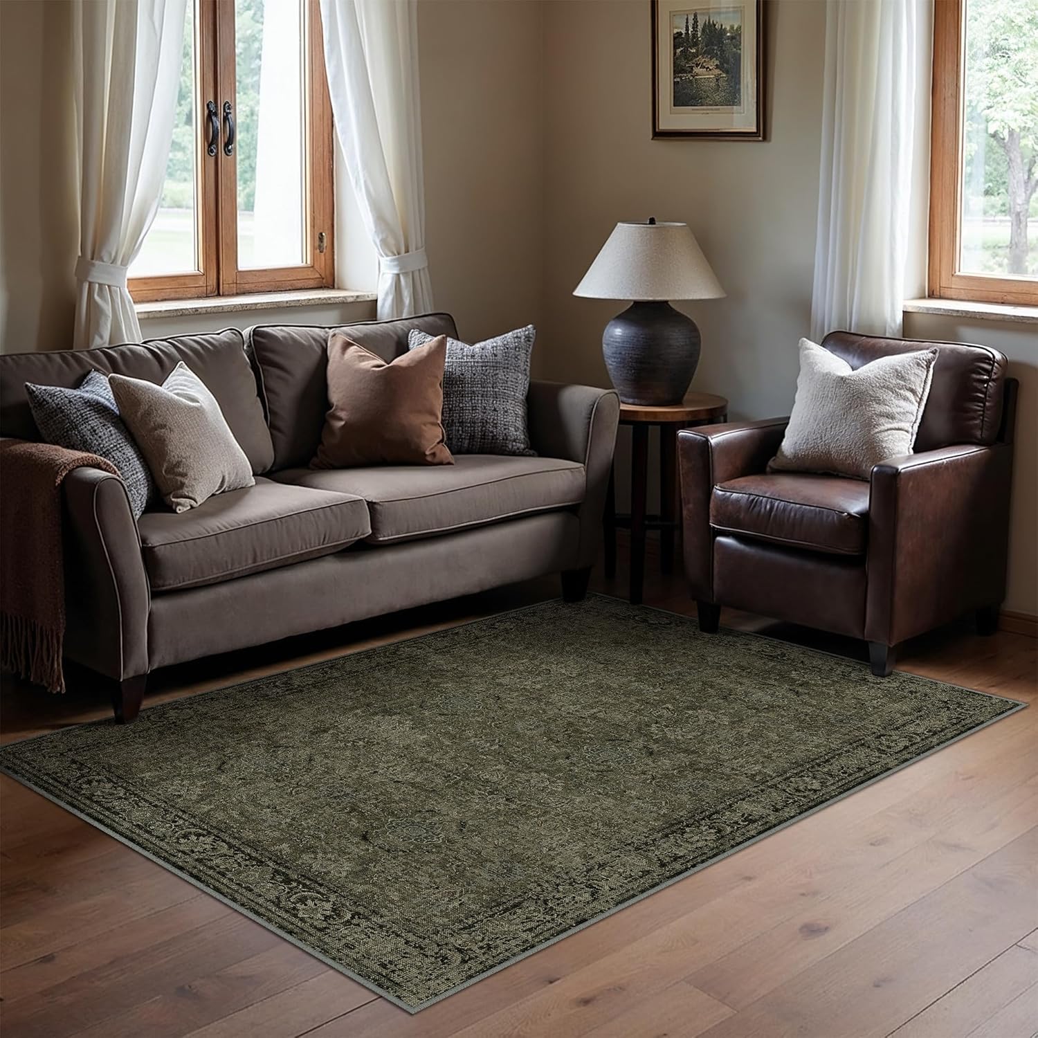 Vintage Area Rug 5x7 Washable Olive Brown Living Room Carpet Large Indoor Non Slip Bedroom Low Pile Kitchen Distressed Retro Accent Throw Rug for Dining Room - Image 4