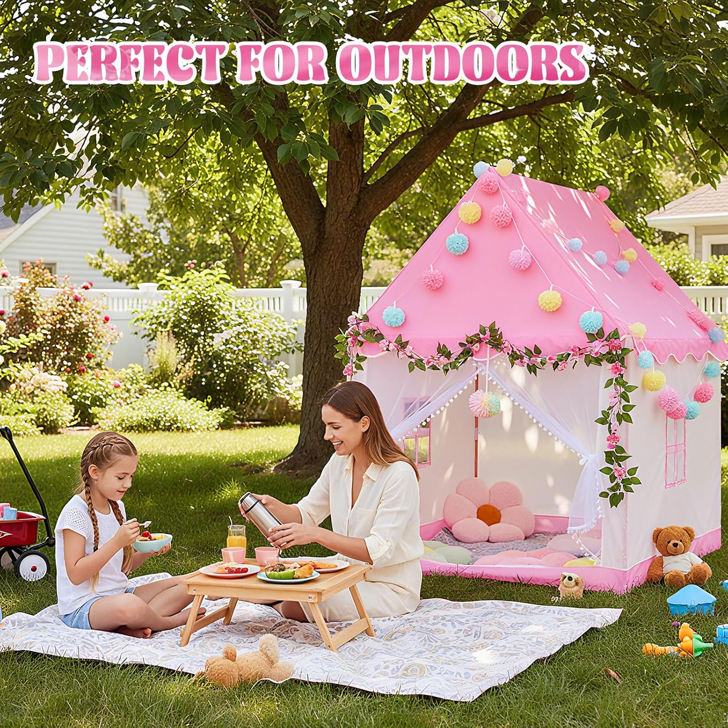 Pink Kids Play Tent with 4pcs Flower Pillow Daisy Pillow Decoration, Indoor/Outdoor Princess Castle Playhouse Tent for Girls Birthday Fairy Tale Theme Playhouses Children's Rooms Kindergartens