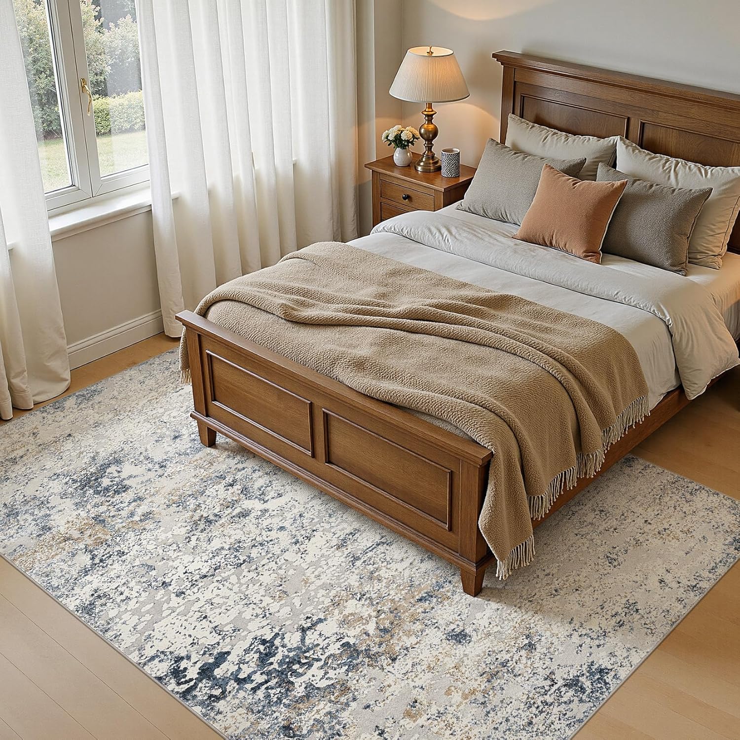 Area Rug Living Room Rugs - 5x7 Abstract Large Soft Indoor Washable Rug Neutral Modern Low Pile Carpet for Bedroom Dining Room Farmhouse Home Office - Beige Blue