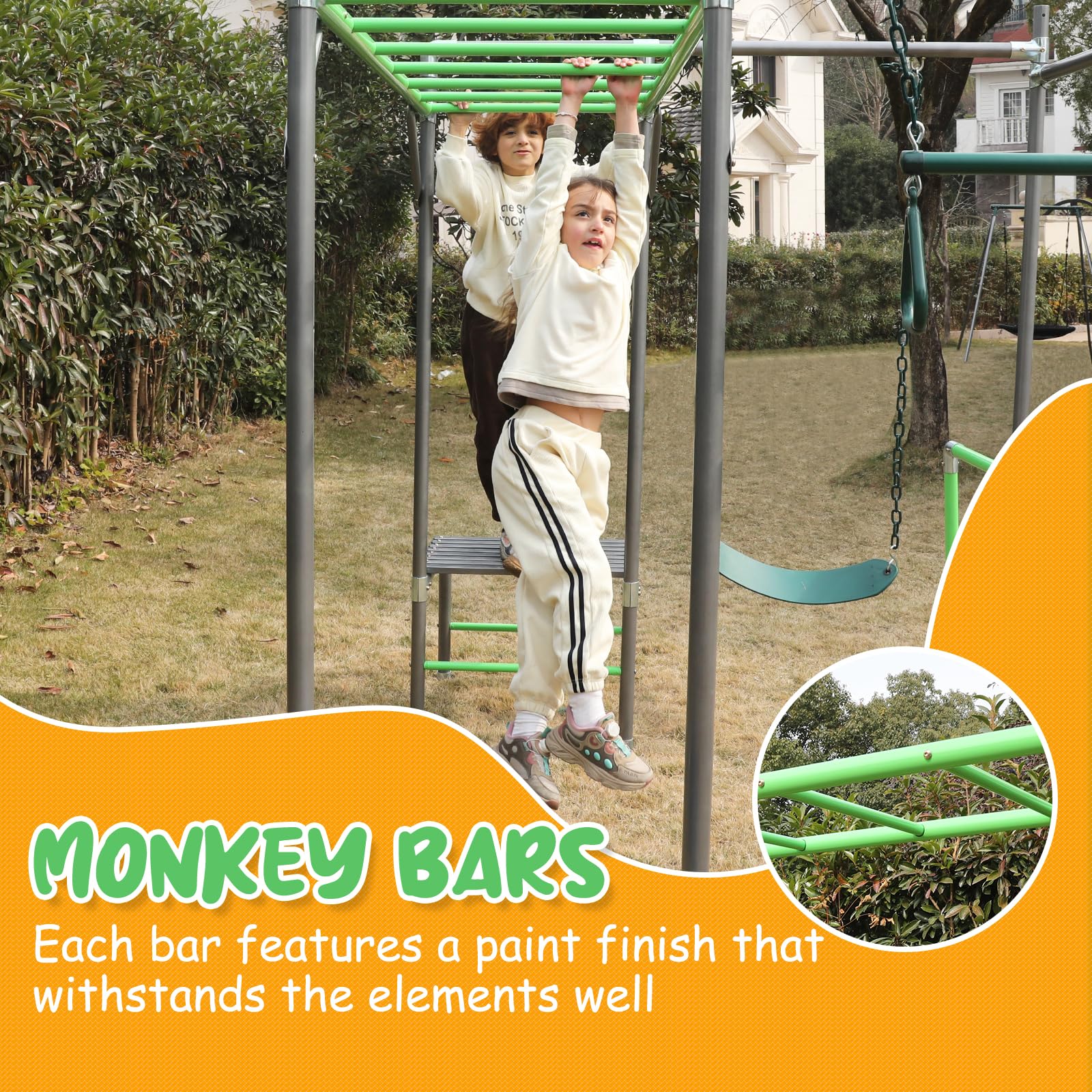 LeisureStar Outdoor Jungle Gym with Monkey Bars Frame, Climbing Set, Trapeze Swing Bar, Belt Swing, Kids Gymnastics Bars, Playground Set with Powder Coated Galvanized Steel for Backyard, Garden, Grass