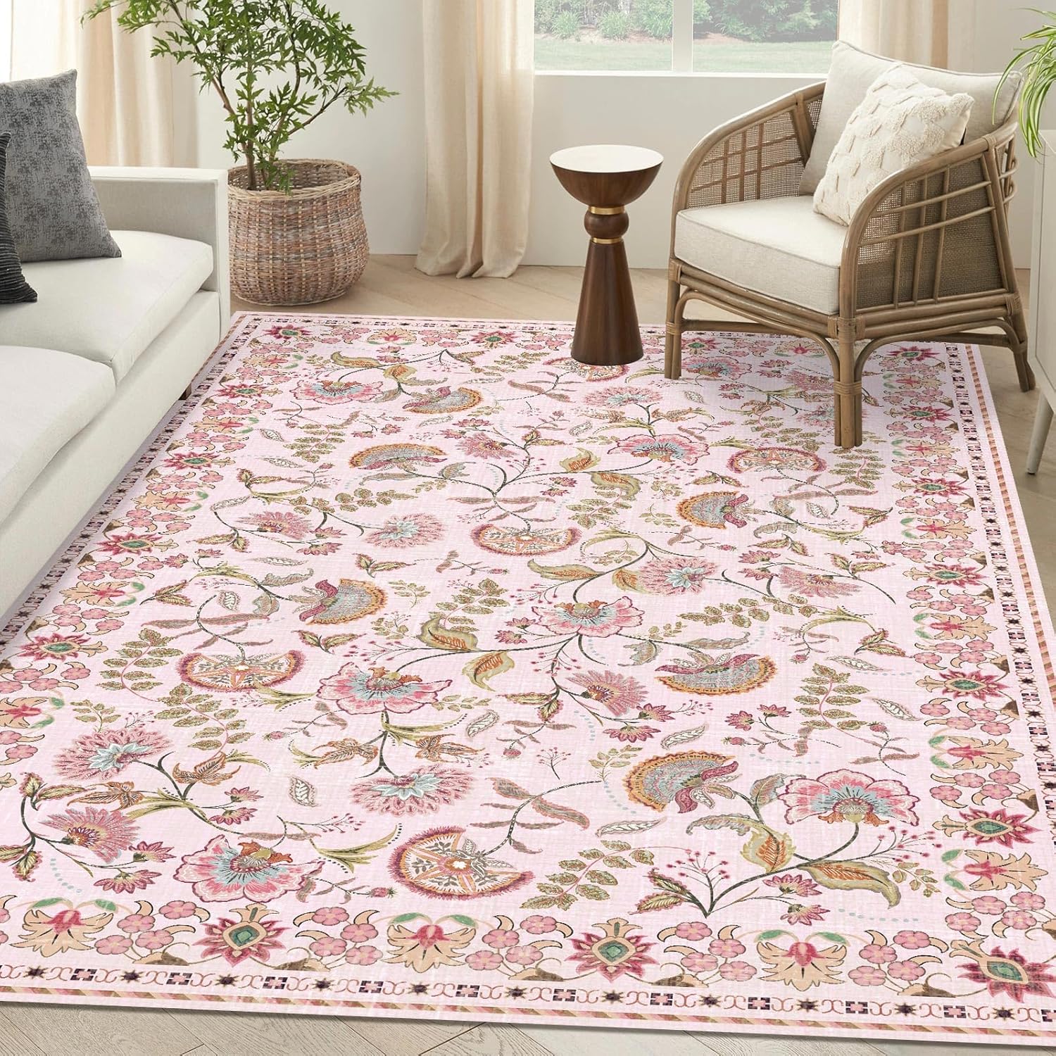 Area Rug 5'×7' Pink Washable Large Living Room Rug Flower Paisley Neutral Non-Slip Soft Bedroom Carpet Farmhouse Vintage Green Blue Dining Room Nursery Home Office Indoor Decor