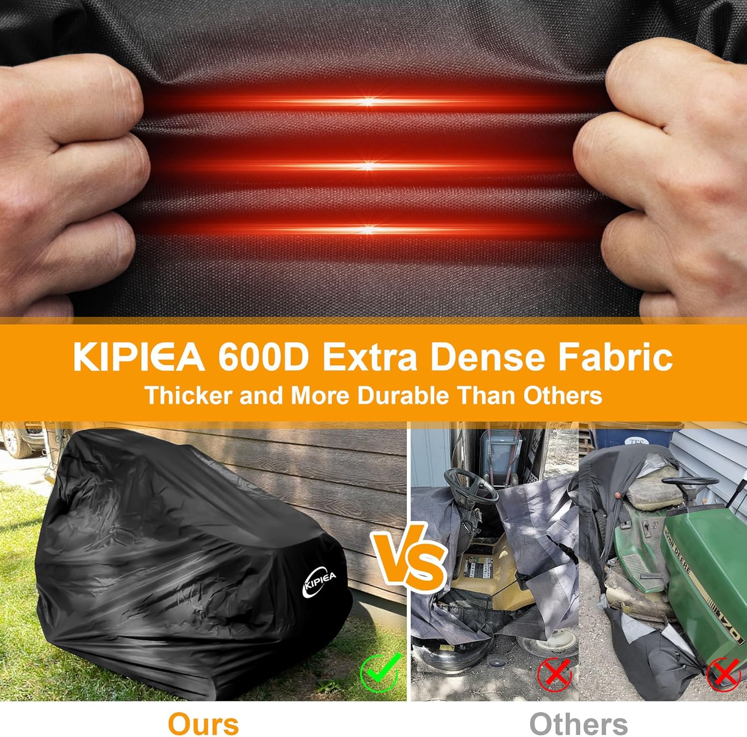 Kipiea Riding Lawn Mower Cover 600D Heavy Duty Lawn Tractor Cover Waterproof, Universal Fit with 4 Buckles, 2 Drawstrings and Storage Bag