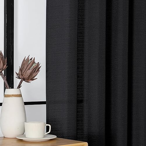 Miniatura 7 de Cortinas negras de 63 pulgadas de largo, 2 paneles de lino sintético, semitransparentes, filtrantes de luz, bolsillo para cortinero, cortinas suaves