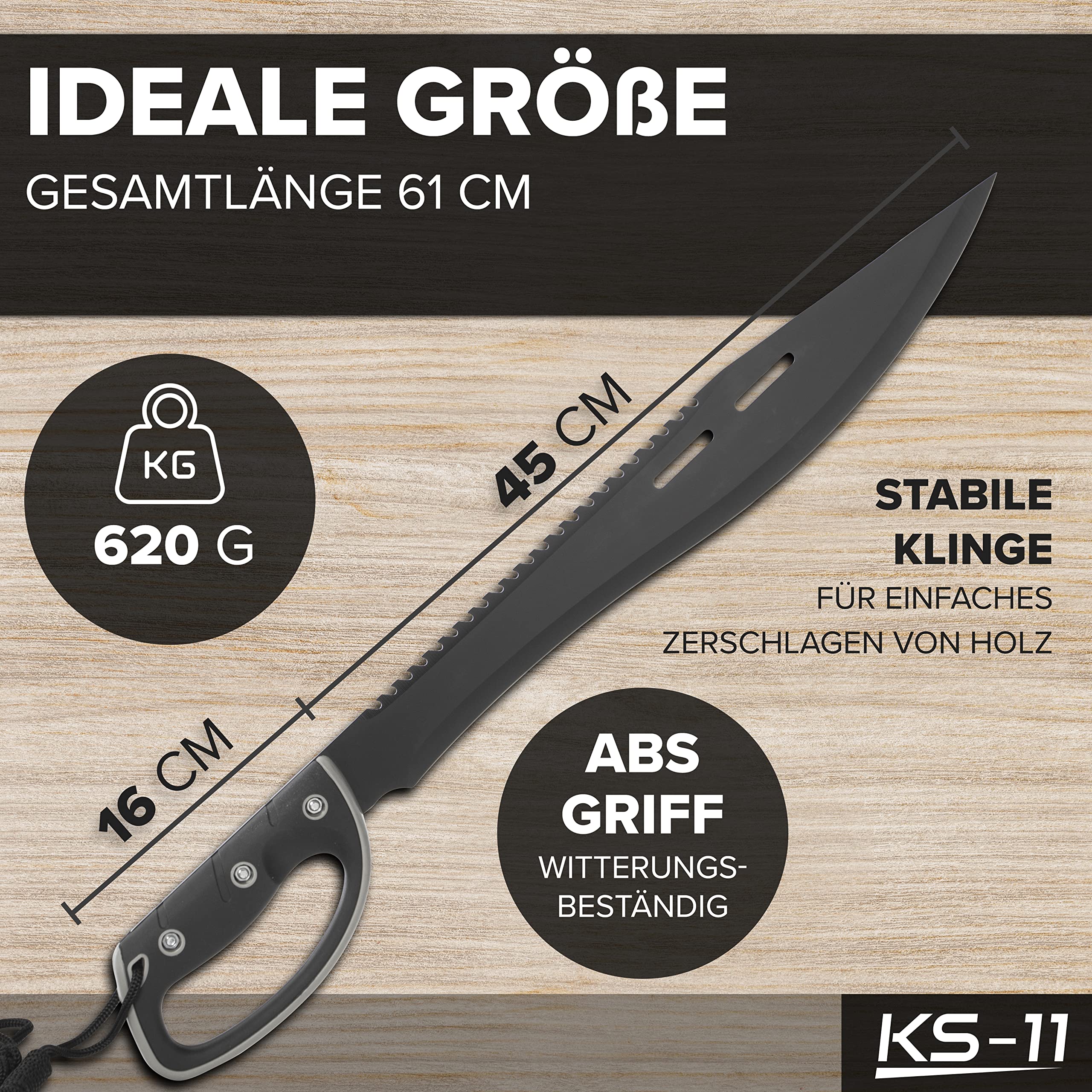 KS-11 Machete mit Säge in Schwarz mit Stabilen Griff und Handschutz Gesamtlänge ca. 61 cm, 420er Edelstahlklinge 420 Rostfrei Machete Survival