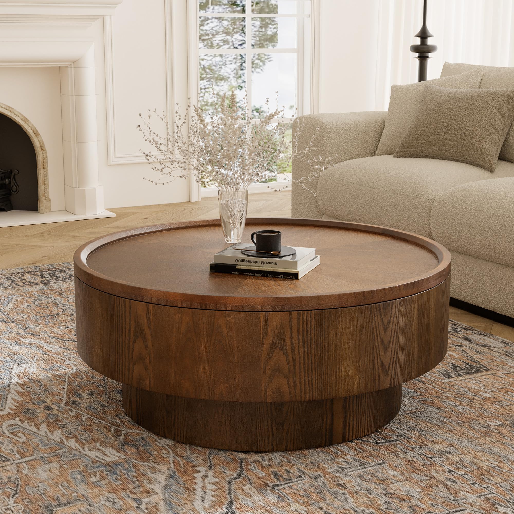 Runder Couchtisch mit Stauraum – modernes Luxus-Kreistrommel-Design, Massivholzfurnier, ideal für Wohnzimmer, Schlafzimmer oder Wohnung
