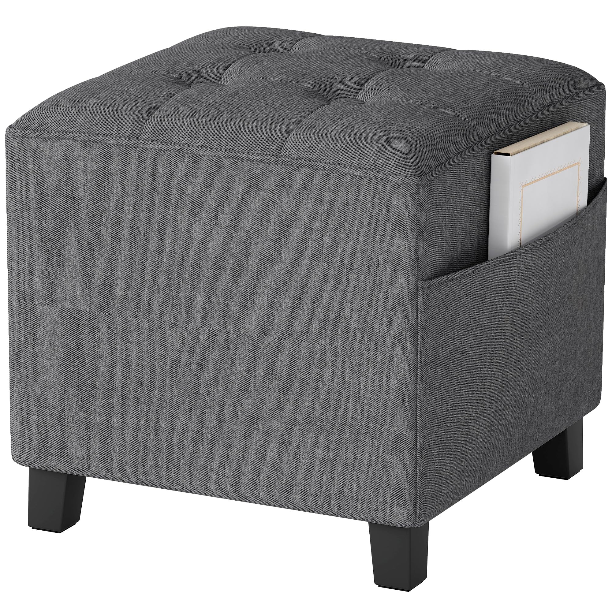 HOMCOM Tabouret carré Petit Pouf avec Poche latérale 35x35x35cm Gris