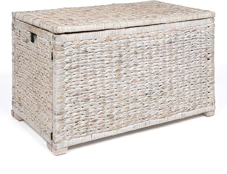 happimess Anada 30" Storage Trunk Wicker Weave Water Hyacinth, White Wash | Solid Mahogany Construction, Collapsible Folds Flat, Removable Lid, Fabric Liner, Footed Base, 17.5" Height, 17.5" Depth