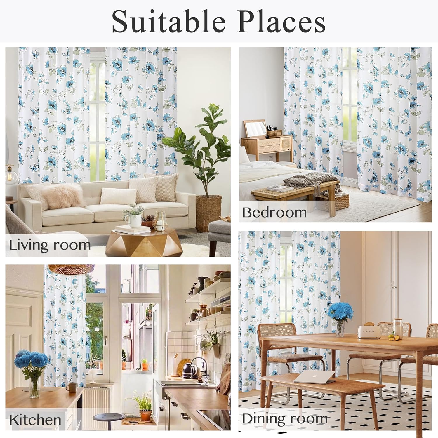 Sheer Curtains with Blue Flower Design 72 inch Length for Living Room Windows-Country Floral Bedroom Curtains 2 Panels Set Patterned Rod Pocket Transparent Curtain Drapes, Soft Wrinkle-Free Fabric