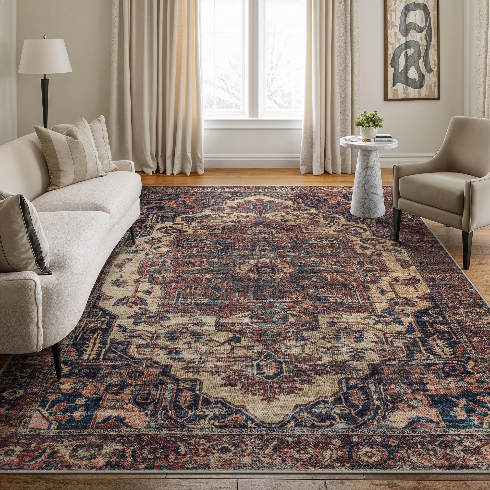 Bloom Rugs Washable 6' x 9' Rug - Beige/Terracotta Traditional Area Rug for Living Room, Bedroom, Dining Room, and Kitchen - Exact Size: 6' x 9'