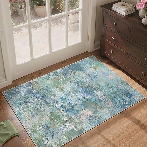 BEIMO 2x3 Rugs for Entryway Entrance Kitchen Bathroom, Machine Washable Rug Modern Abstract Soft Area Rug, Low Pile Indoor Floor Carpet with Non Slip Backing, Blue Green
