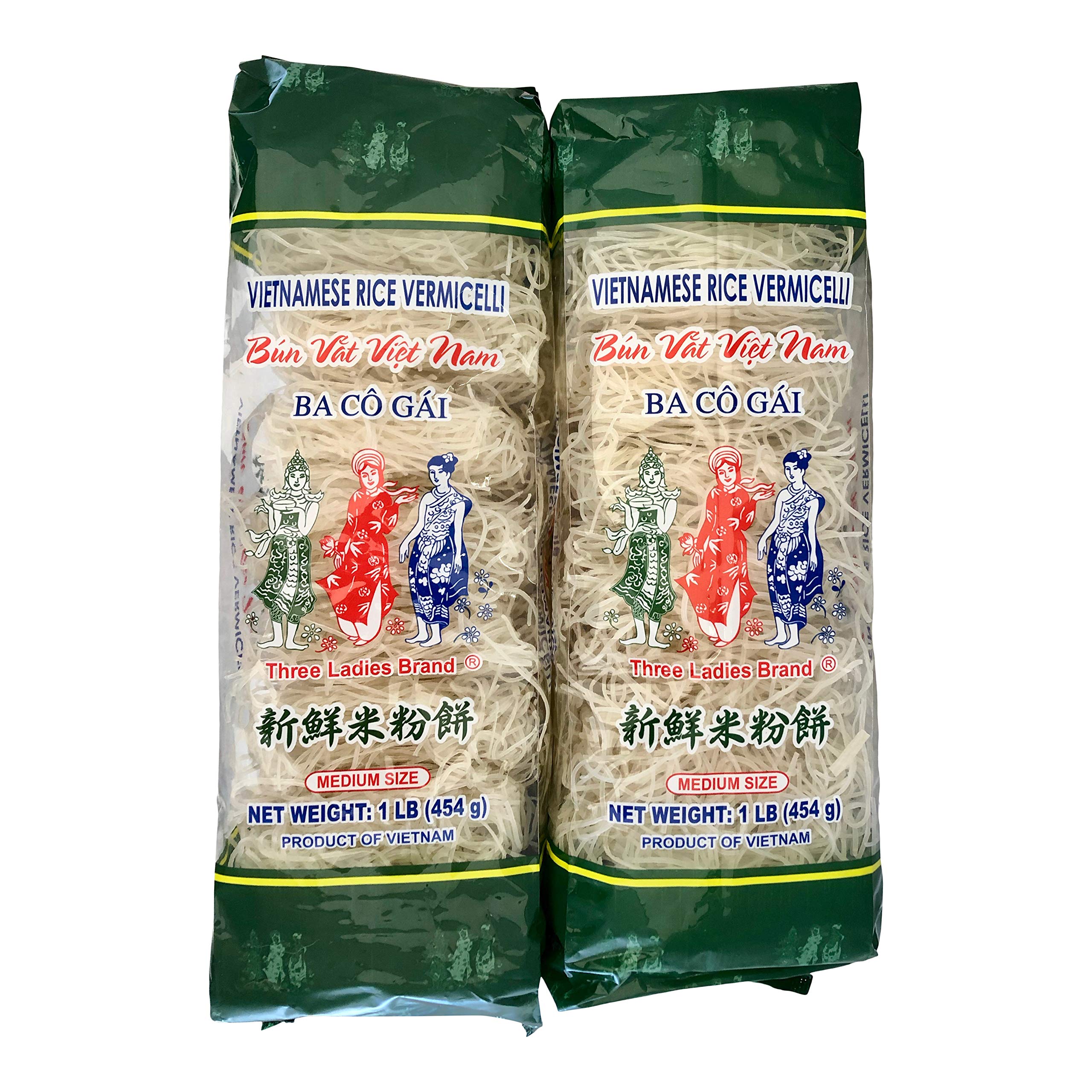 Three Ladies Brand Vietnamese Rice Vermicelli, Medium Size Noodles, 1 Pound Bag, [Pack of 2]