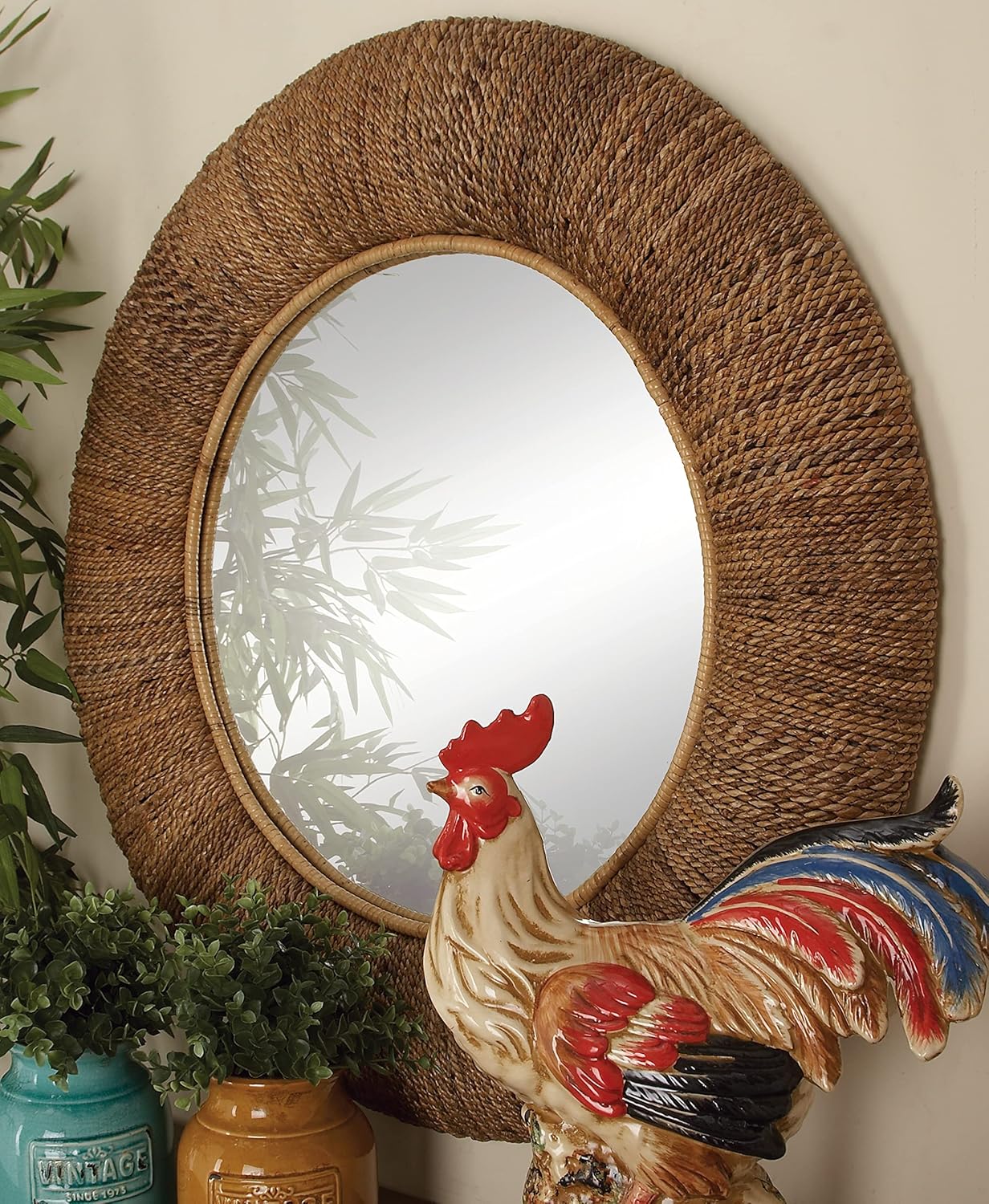 Deco 79 Rattan Room Wall Mirror Coiled Weaved Frame Entryway Mirror, Wall Mounted Mirror 35" x 3" x 35", Brown
