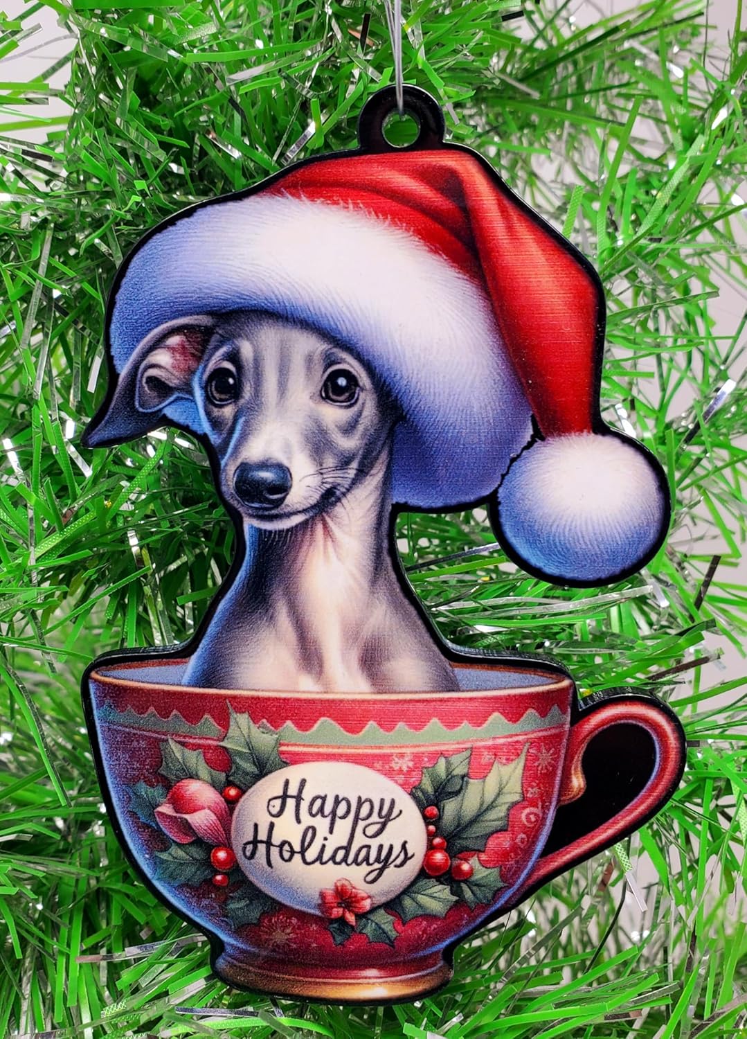 Generic Greyhound Dog Santa Pup in Merry Christmas Tea Cup Ornament