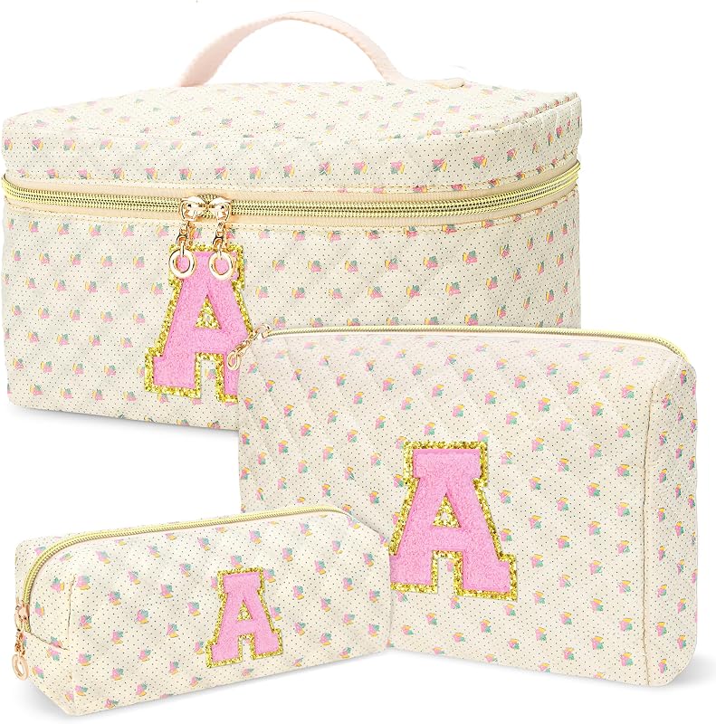 Conjunto com 3 necessaires DOSUKE de algodão matelassado, estampa Flower, modelo A, zíper
