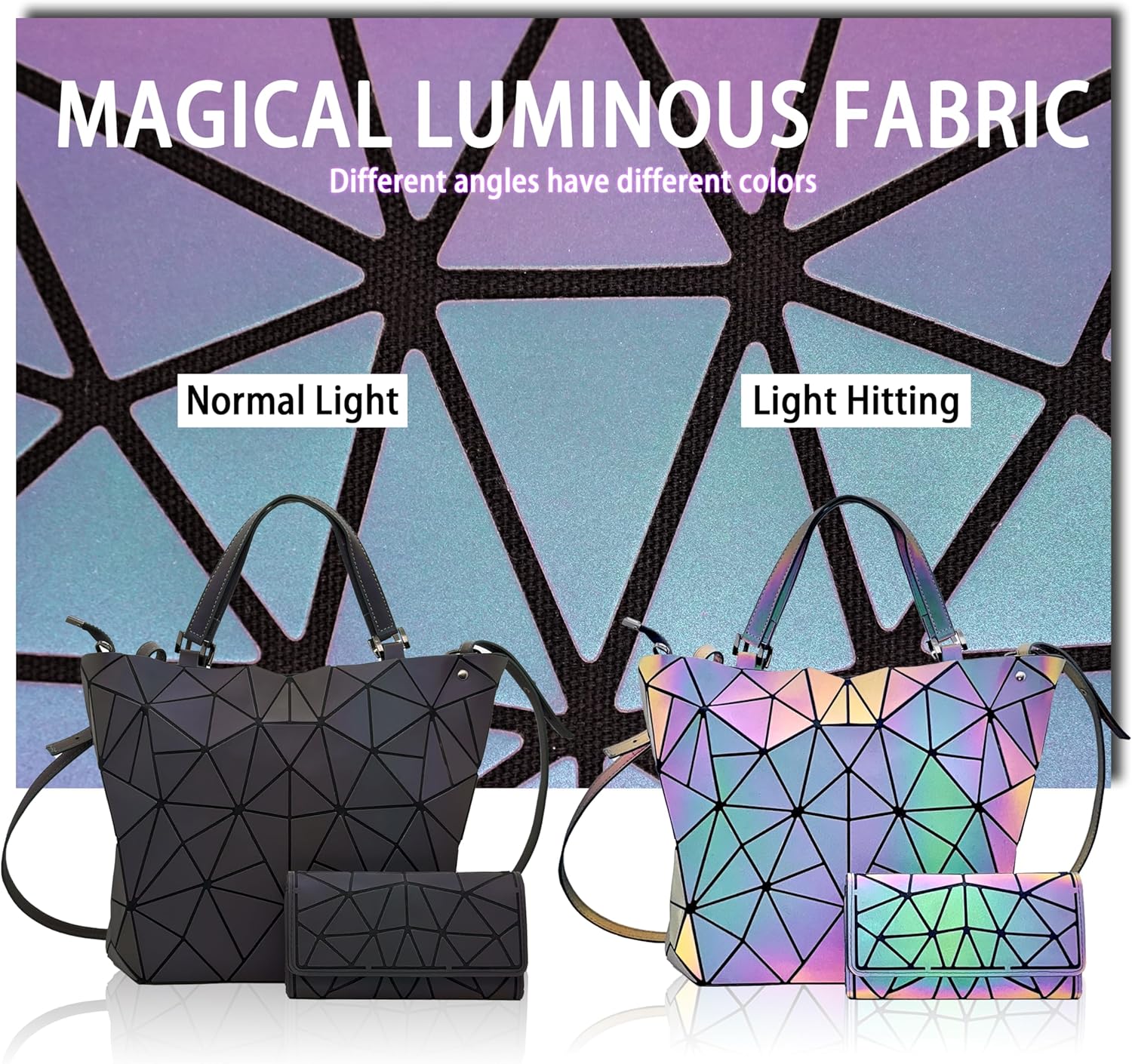 Geometric Luminous Crossbody Bag Set Reflective Holographic Handbag with Adjustable Shoulder Strap Unique Multi Compartment Magic Color Changing Premium Bundle - Image 4