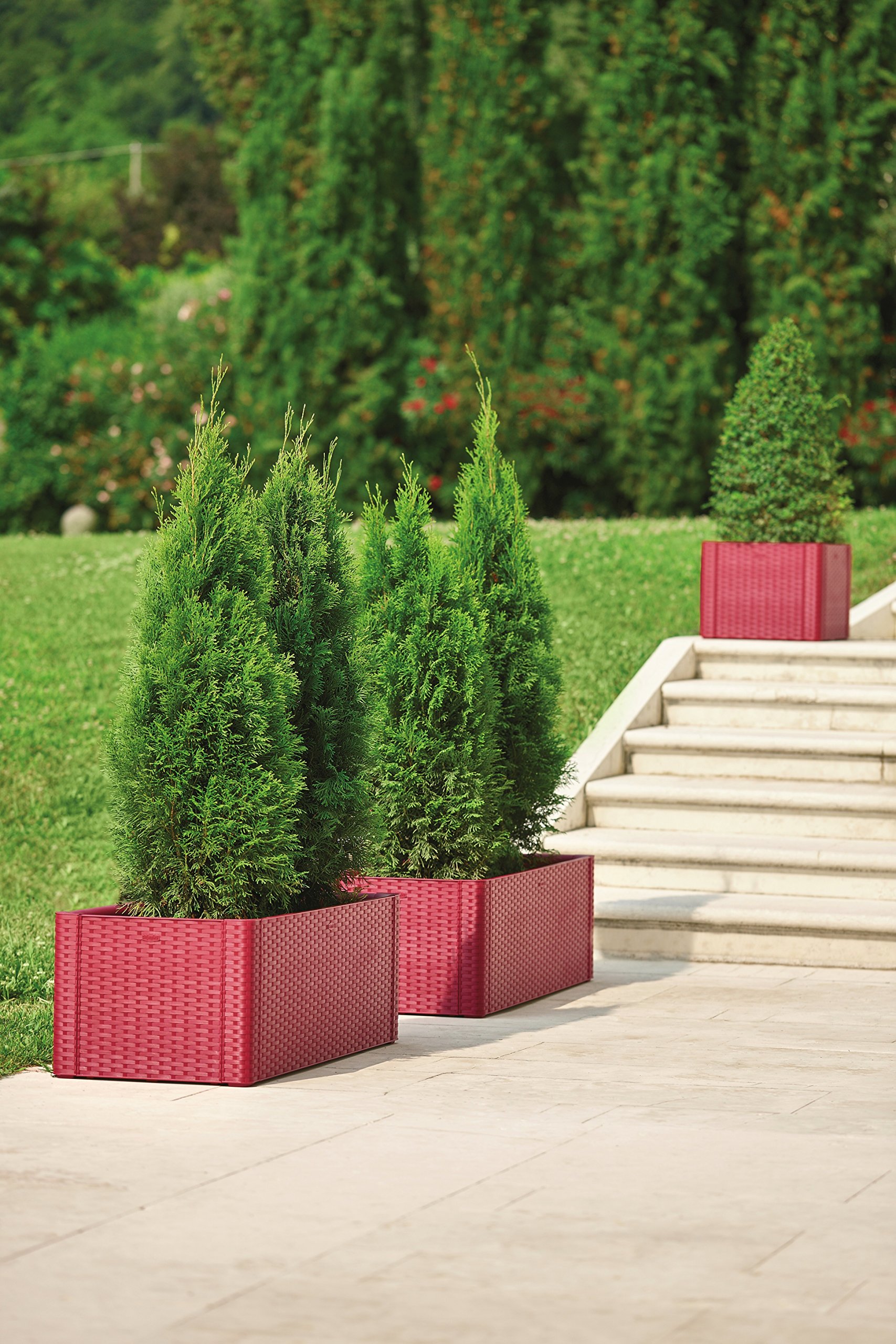 XL Pflanzkasten rechteckig im Rattan-Design aus Kunststoff in Anthrazit. Mit Wasserspeicher und Wasserstandsanzeige, Maße BxTxH 100 x 43 x 33 cm.
