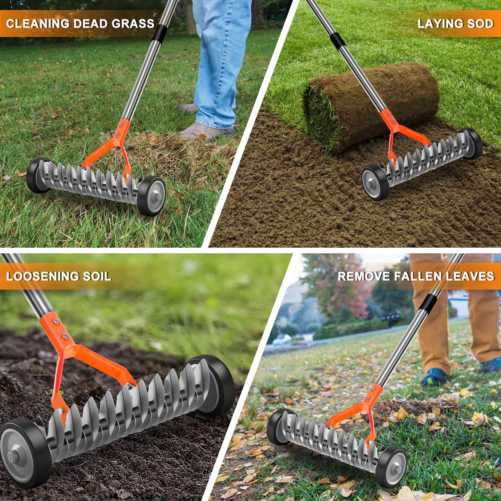 Rastrello per paglia con ruote, scarificatore per prato con larghezza di lavoro di 32 cm, rastrello portatile per erbacce, per la pulizia di erba morta, muschio, erbacce (arancione, 1,7 m)