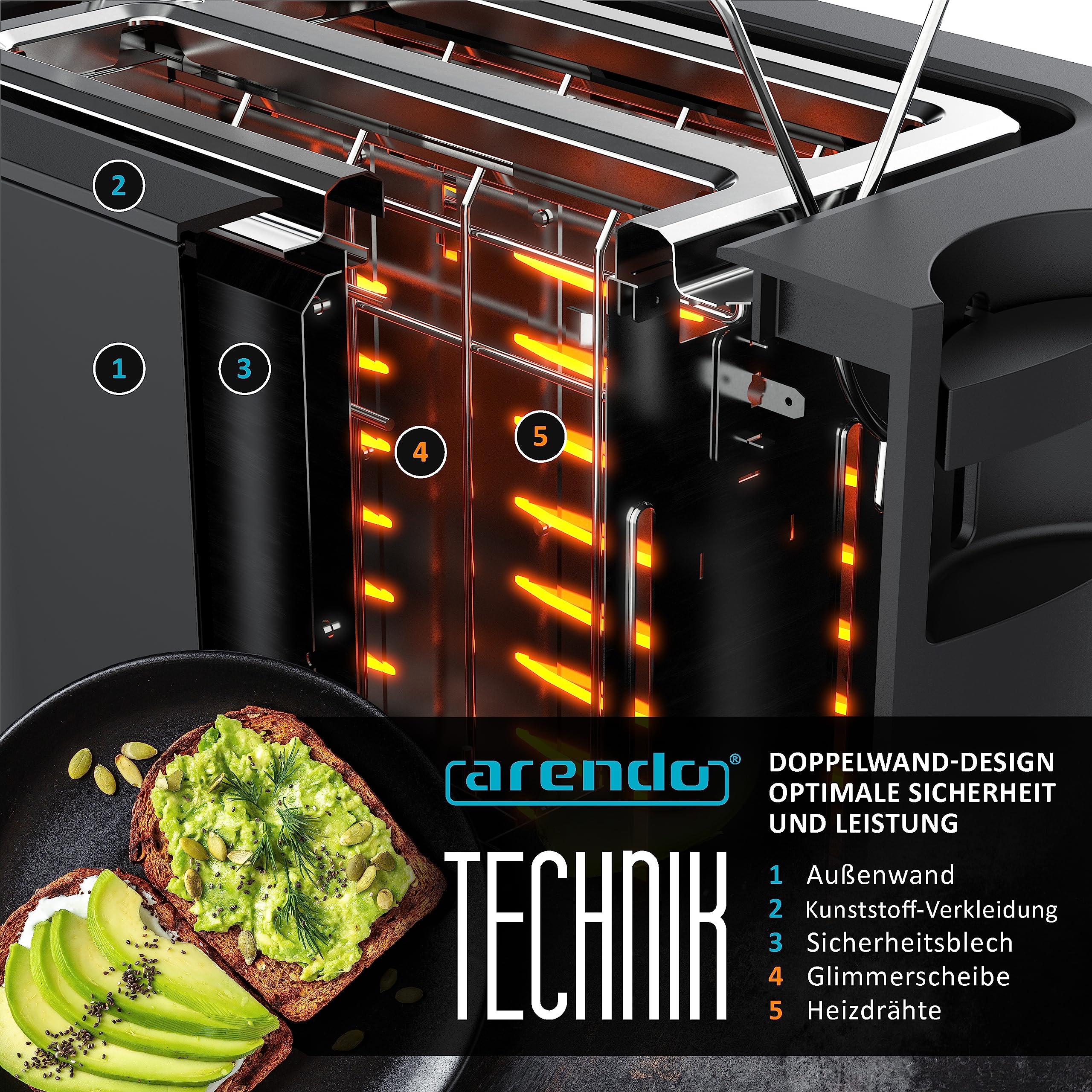 Arendo - Tostapane tattile a 2 fette in acciaio inox - Pannello tattile - Display digitale del tempo rimanente - 800 W - Alloggiamento a doppia parete - Con griglia riscaldante per dolci - 7 livelli