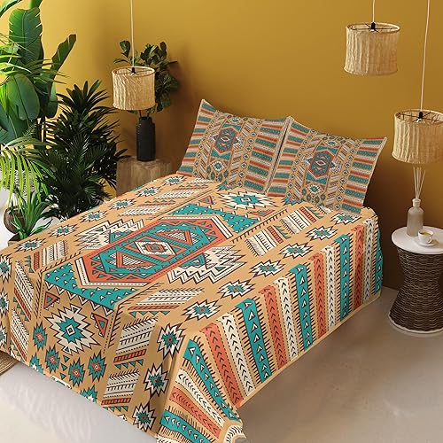 Miniatura 5 de Ambesonne Tribal Sheet Set, Secret Tribe Pattern in Bohemian Style, Fitted and Flat Sheet with Pillowcases Bedding Accent 4 Piece Set, Queen,