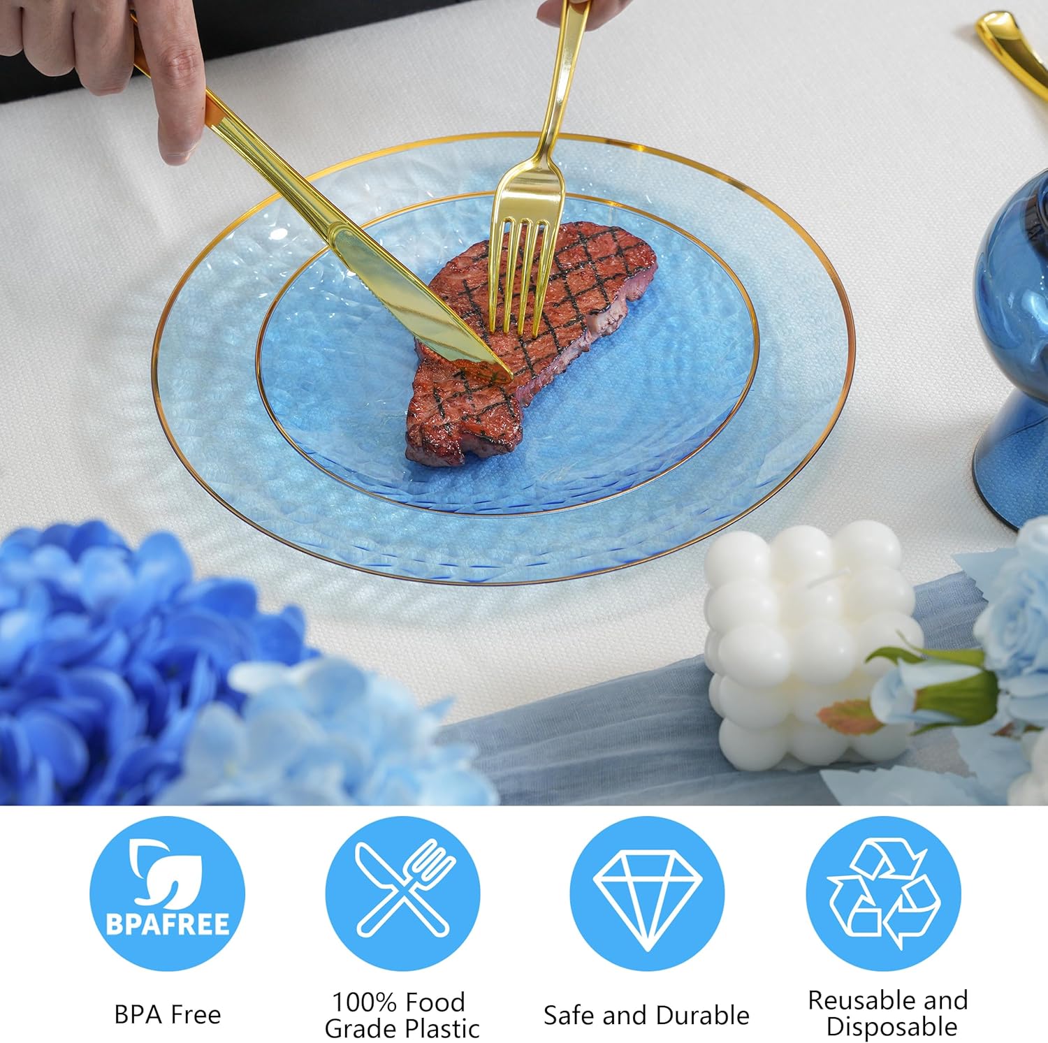 72Pcs Disposable Clear Blue Plastic Plates with Gold Rim, Fancy Blue Plates Includes 36 10.25" Dinner and 36 7.5" Dessert Plates, Hammered Heavy Duty Plastic Plate for Wedding Party - Image 6