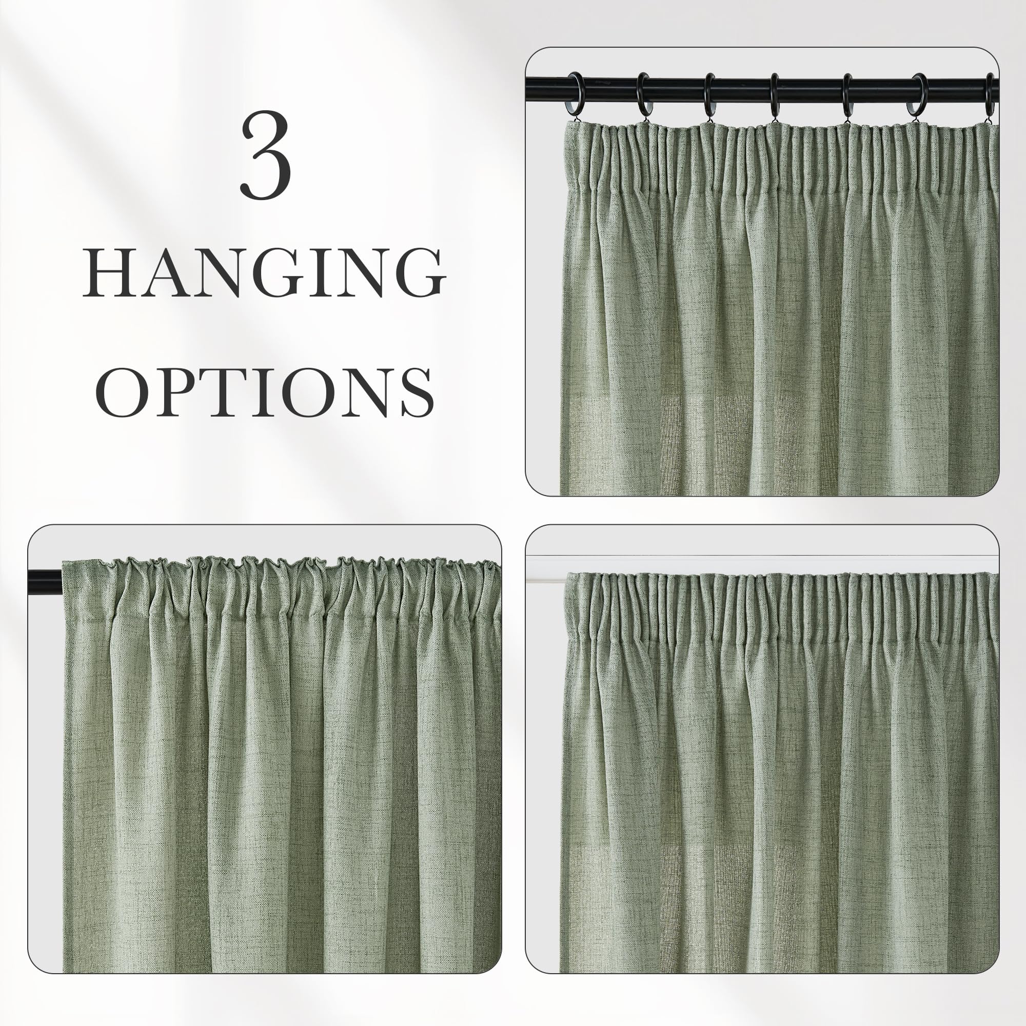 PONY DANCE Rideau Lin Effet - Rideaux Galon Fronceur et Passe Tringle, Protection de la Vie Privée Chic pour Salon Chambre à Coucher Maison Fenetre, L140xH260cm, 2 Panneaux, Vert