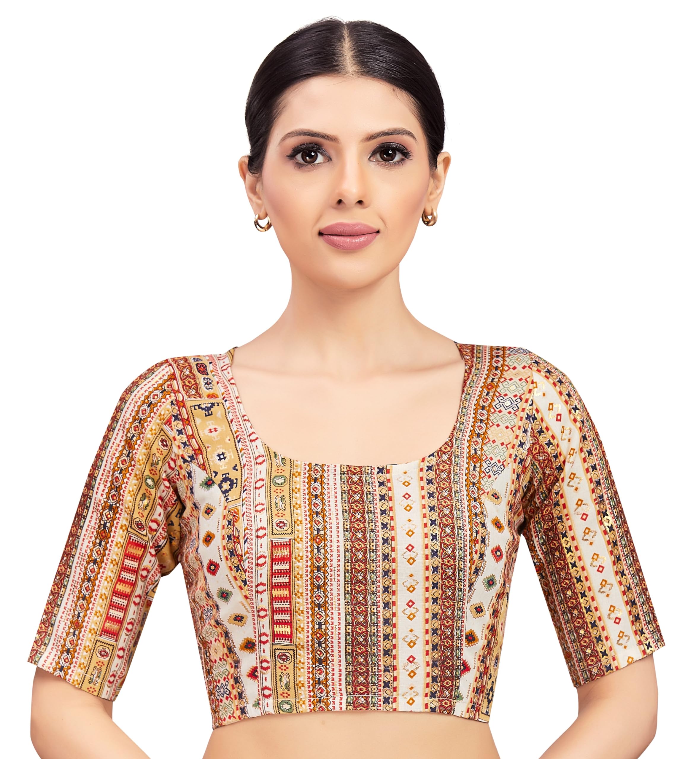 studio shringaar Women's Readymade Cotton Polyester Blend Printed Saree Blouse with Elbow Length Sleeves-picture-42