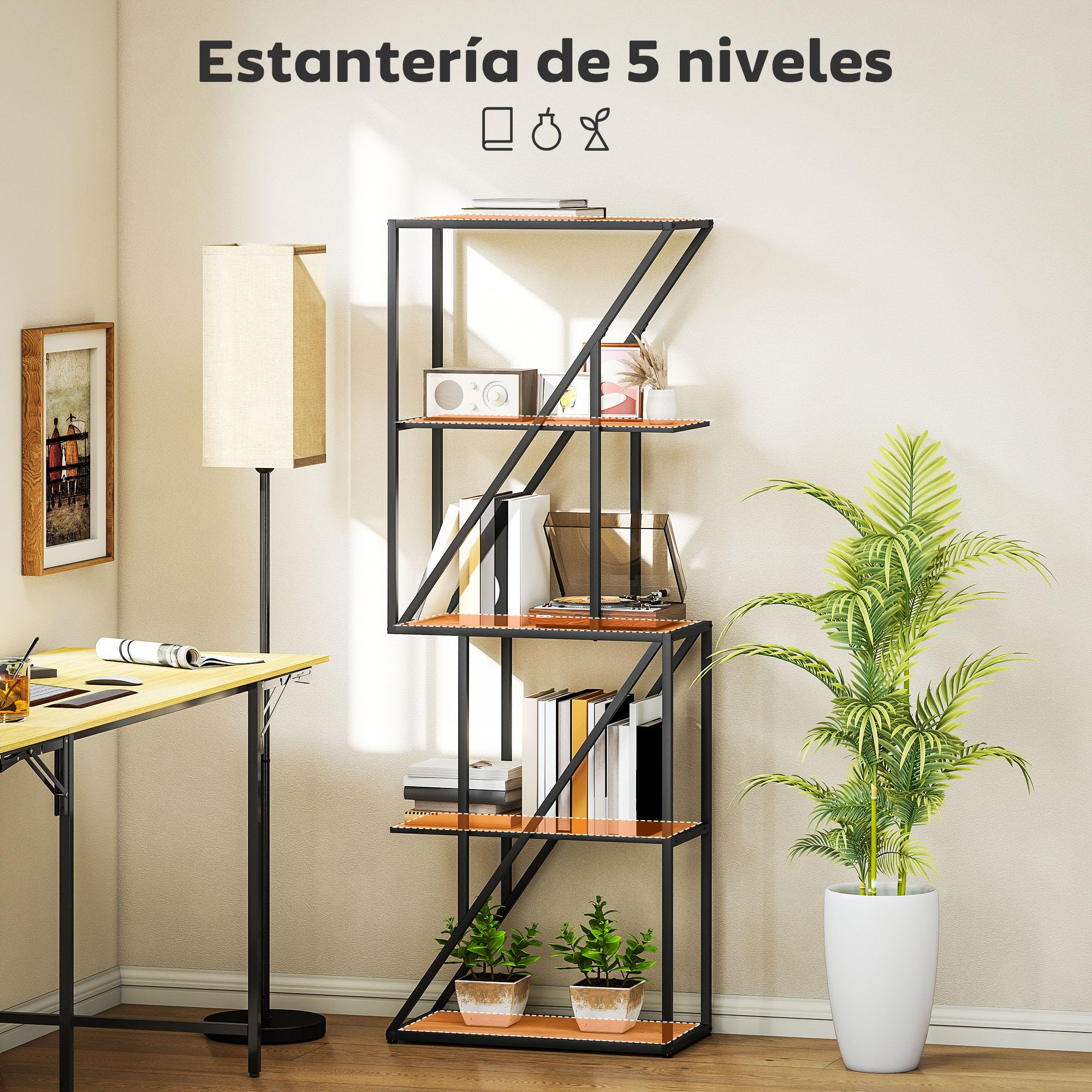 HOMCOM Librería de 5 Niveles con Estantes Abiertos 60x30x165 cm Roble | Estantería para Libros Industrial, Marco de Acero Entrecruzado, para Salón, Dormitorio, Oficina