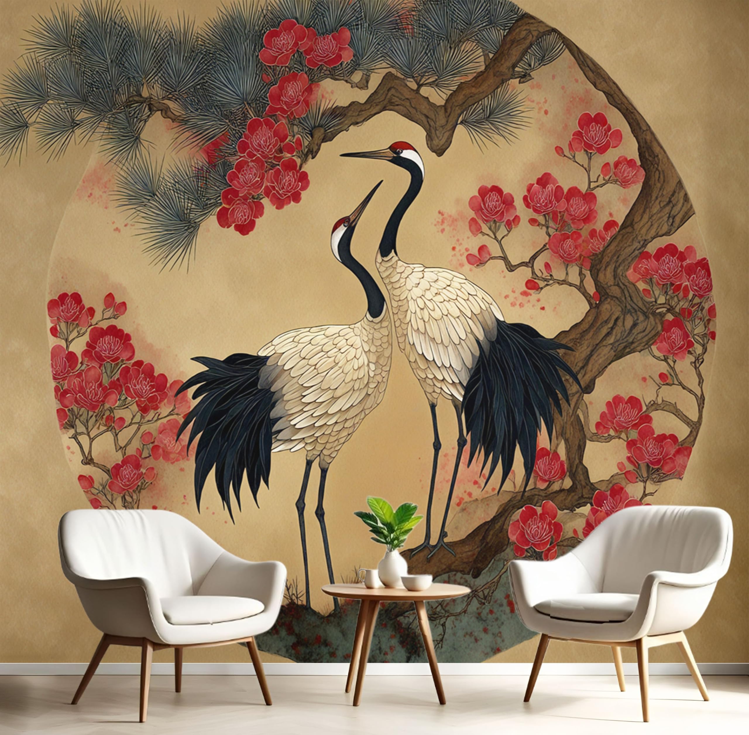 Papier Peint Panoramique Fleurs de Prunier et Grues 400x280 cm pour Salon