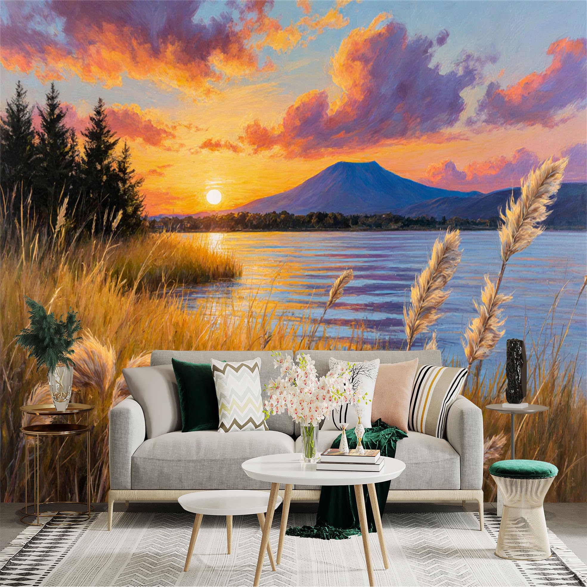 Custom Size Wall Sticker Mural， Sunset Lake with Mountain， Golden Grass and Colorful Sky Landscape， for wall Decoration， peelandstick wall Decals.