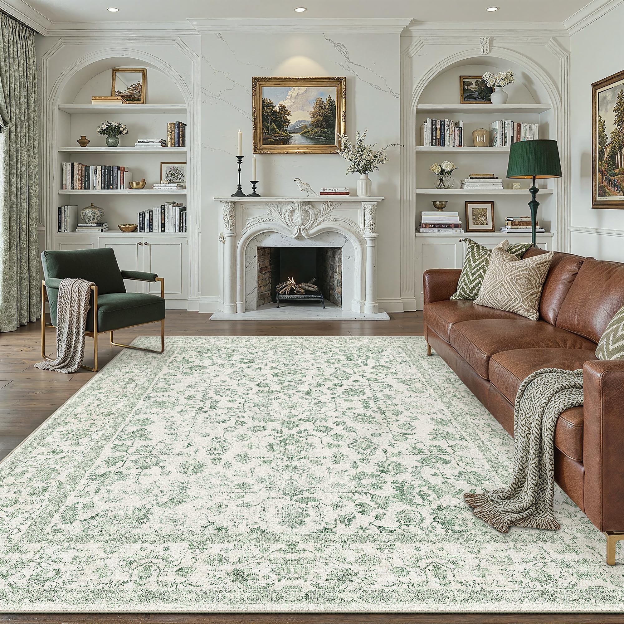 PureCozy 8x10 Green Area Rug Washable Non Slip Large Vintage Living Room