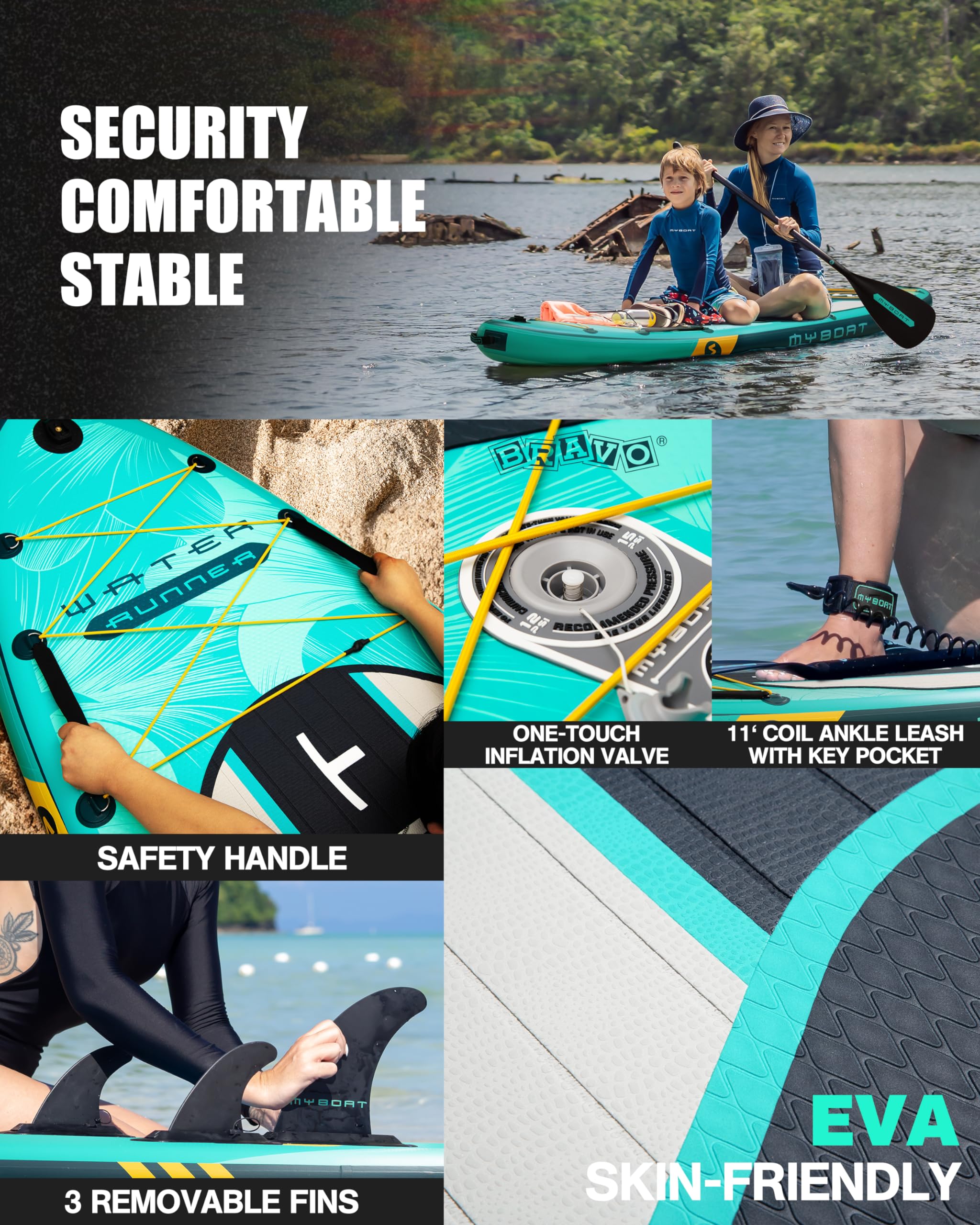 MYBOAT Tabla de Paddle Surf Hinchable 320cm - 10,6" con Accesorios Incluidos de Primera Calidad, Remo Ajustable, Bomba de Mano, Mochila de Transporte. 320 x 89 x 15 cm, Soporta hasta 168Kg