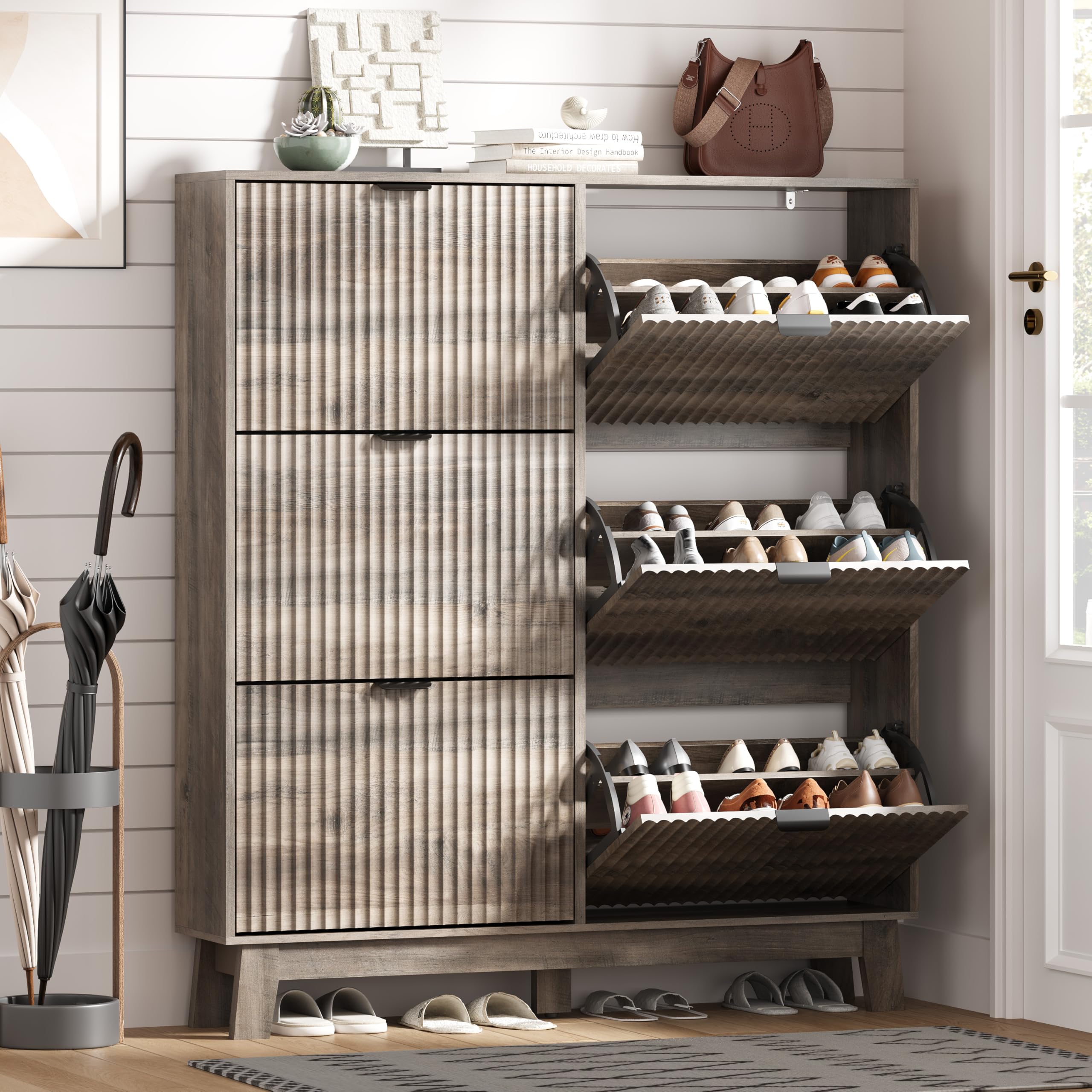 HUANLEGO Shoe Cabinet Storage for Entryway with 6 Flip Drawers, Grey