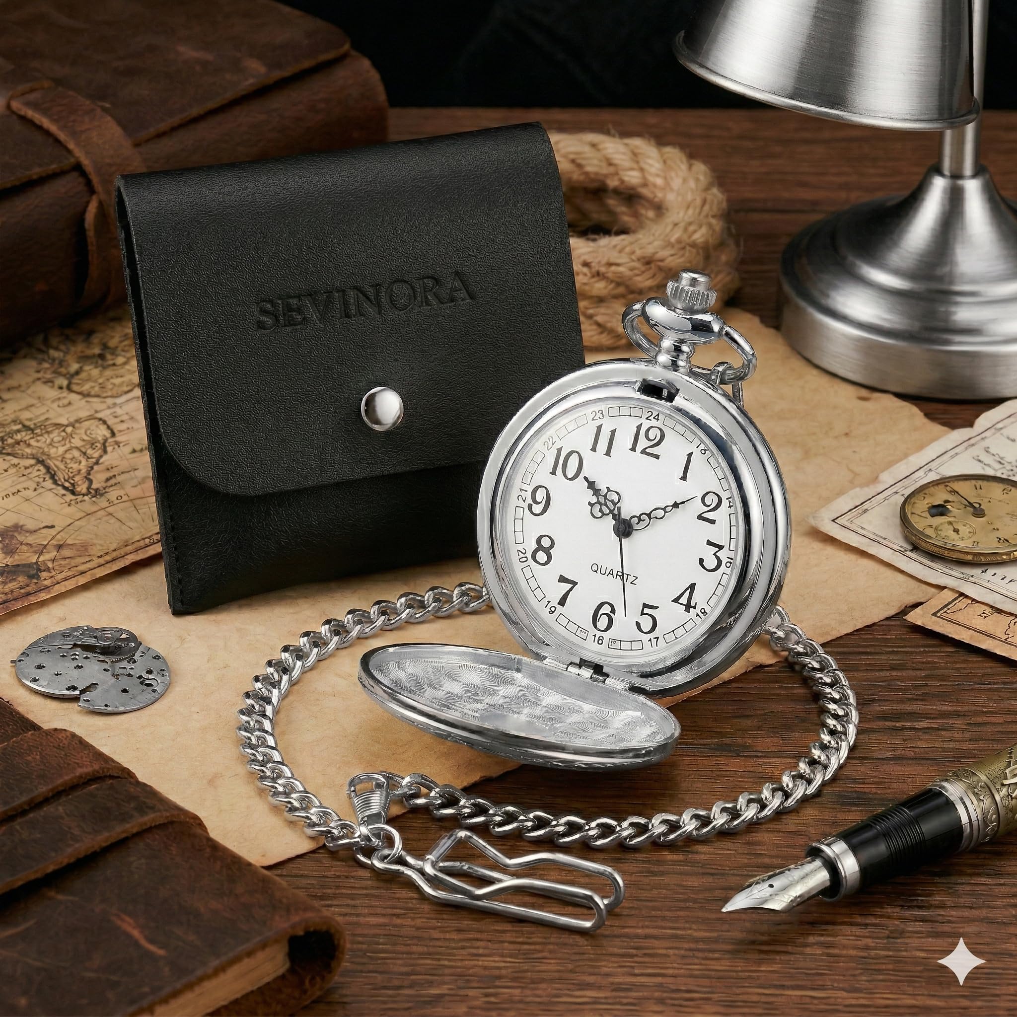 Taschenuhr Vintage – Glattes Gehäuse mit Innen-Gravur – Präzises Quarzwerk – Klassische Uhr mit 37cm Clip-Kette – Römische Zahlen – Retro Geschenk für Herren & Damen inkl. Etui
