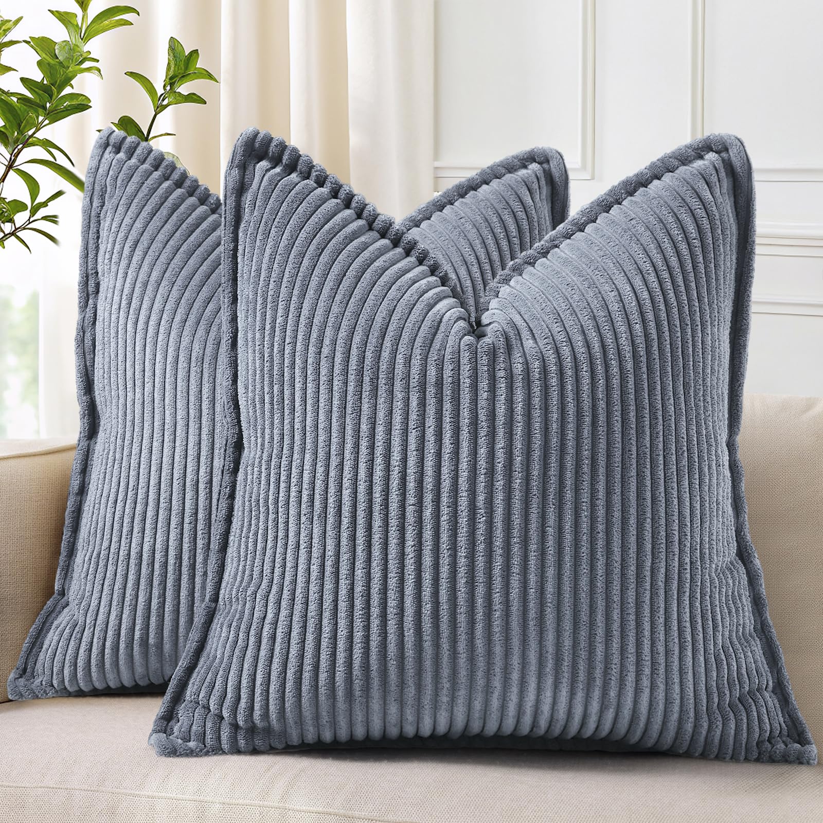 Homaxy Corduroy Cushion Covers 55 x 55 cm Set of 2, Decorative Soft Boho Farmhouse Sofa Cushion Covers for Living Room Bed Settee Broadside Striped Pillow Cases, Blue Grey