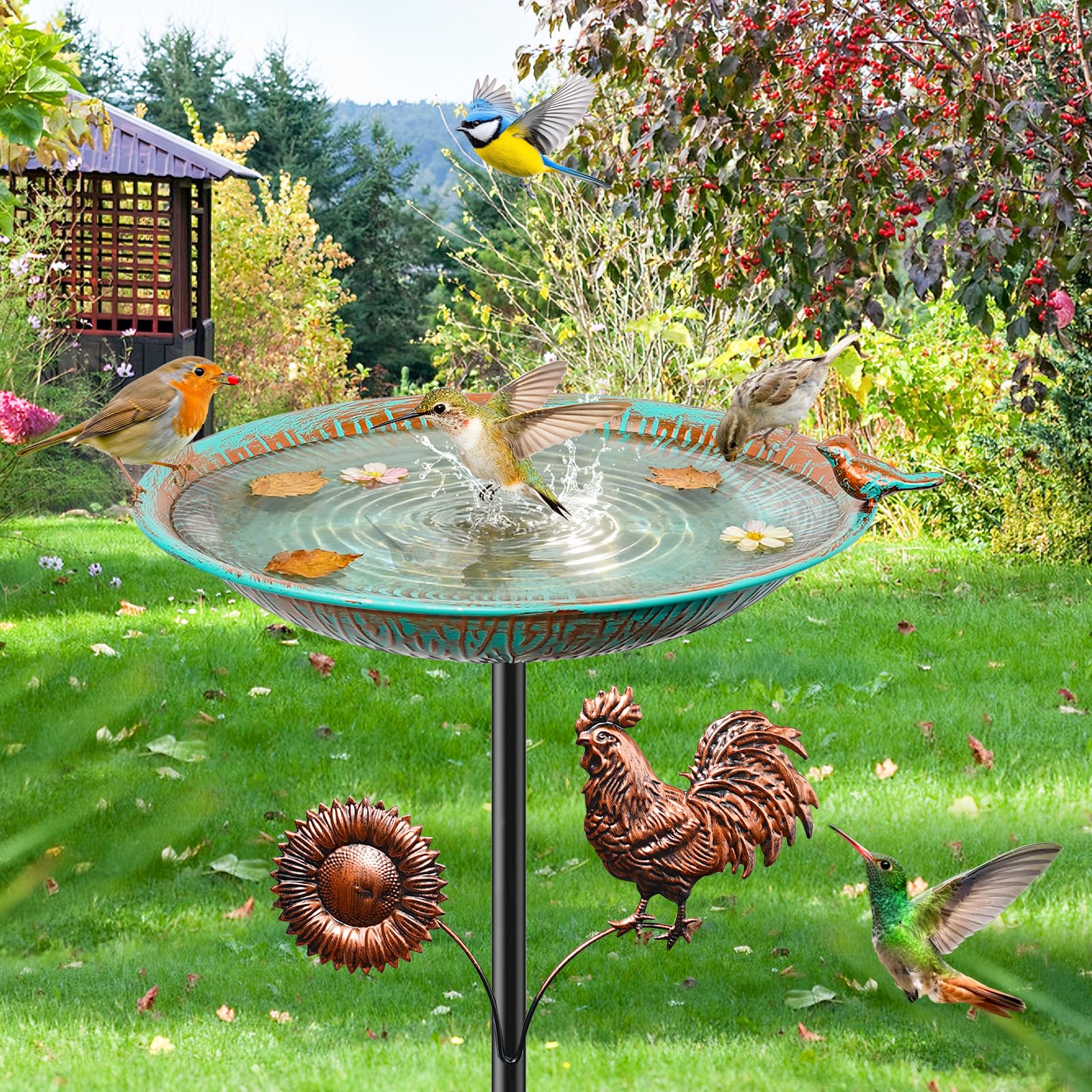 Metall-Vogeltränke für den Außenbereich, Vintage-Vogeltränke mit Abnehmbarer Futterwanne, leicht zu reinigender Vogelfuttertrichter für den Garten Hof und Rasen als Dekoration (Retro Cyan)