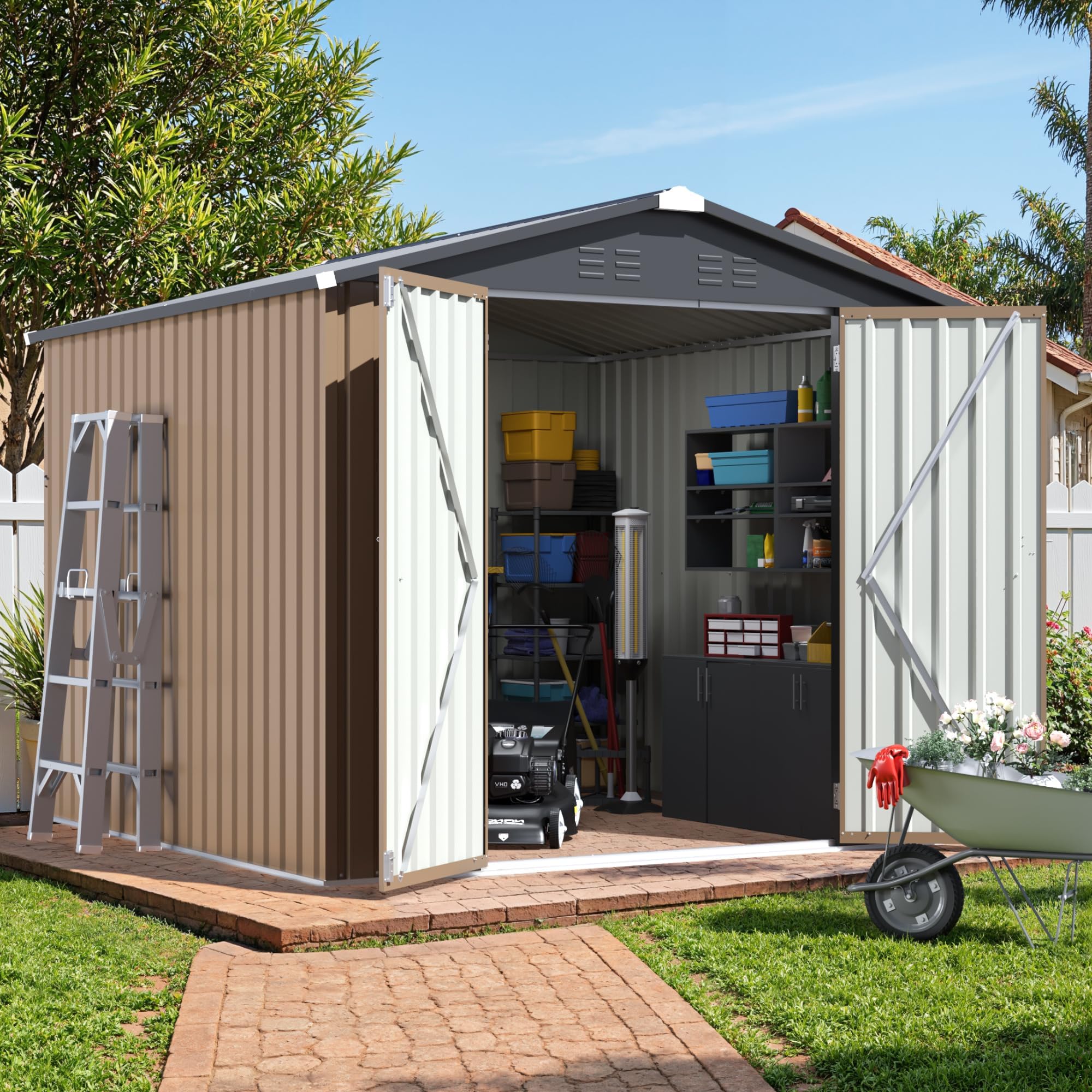 JUMMICO 8x8 FT Outdoor Storage Shed, Tool Metal Sheds, Brown