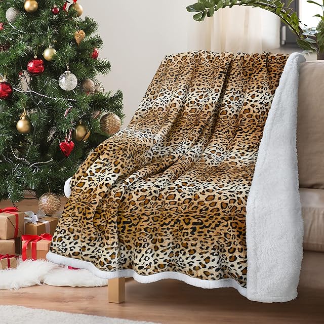 Catalonia Classy Sherpa Fleece Throw Blanket, Warm Thick Soft Winter Fluffy Plush Couch Throw, Reversible Cozy Fleece Blanket Sofa Single Bed, All Season 150 x 130 cm Leopard
