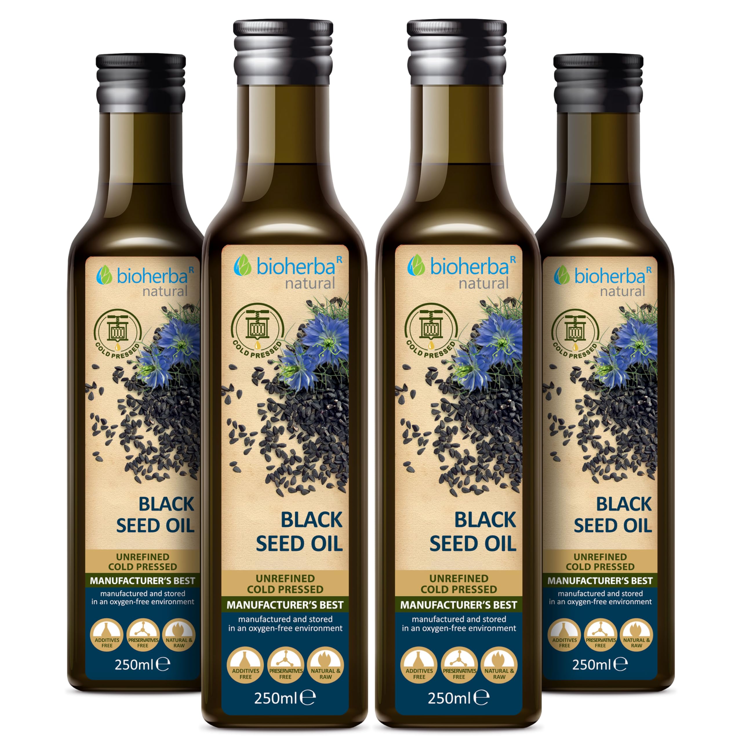 4 Aceite de semillas de Nigella Sativa 250 ml cold pressed by BIOHERBA – aceite natural para piel, cabello, masajes y cocina – prensado en frío, puro vidrio (1000)