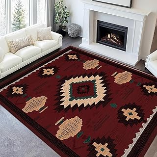 8x10 Area Rug for Living Room Western Rug Aztec Southwestern Rugs Machine Washable Tribal Navajo Southwest Rug Non Slip Printed Low-Pile Indoor Floor Carpet for Dining Room Bedroom Office, Red