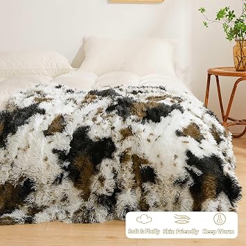 LIFEREVO Luxury Cow Print Shaggy Plush Throw Blanket Ultra Soft Fluffy 50x60 Warm Comfy Throws Blanket Faux Fur Blanket Throw Fuzzy Fur Throw for Office Couch, Sofa, Living Room, Cow Print Brown