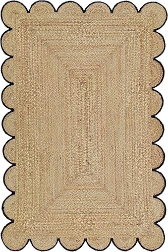 Miniatura 7 de Alfombra rectangular de yute festoneado de 3 x 5 pies, base de fibra natural, ribete blanco roto, bohemio, reversible, tejida a mano, alfombra de