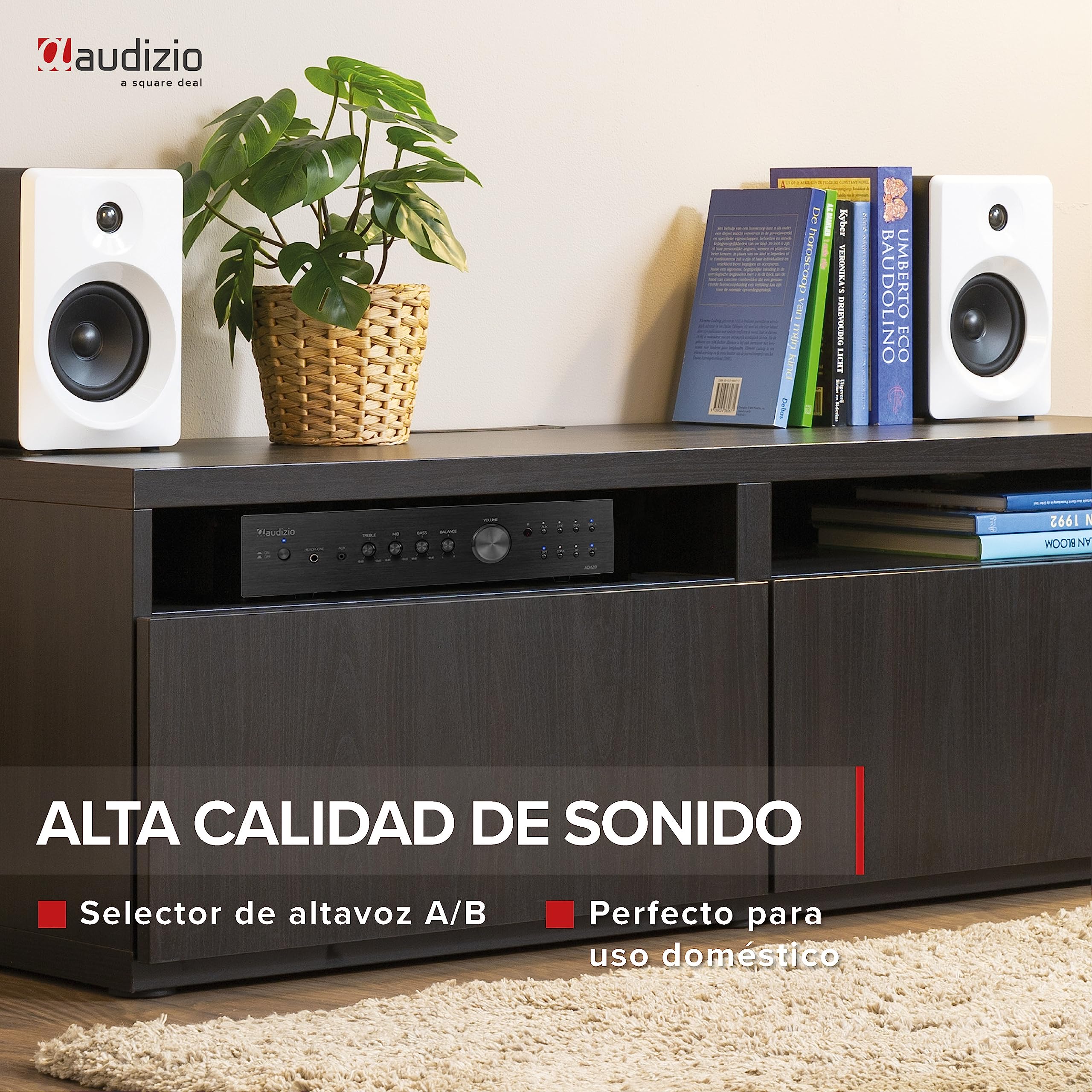 Audizio AD420B Amplificador Hi-FI de 400w (4 Canales x 100w) y Bluetooth, 1 Salida subwoofer, Salida óptica y coaxial, 2 Salidas de Altavoz, MP3, EQ, Ideal para Escuchar tu música, Color Negro